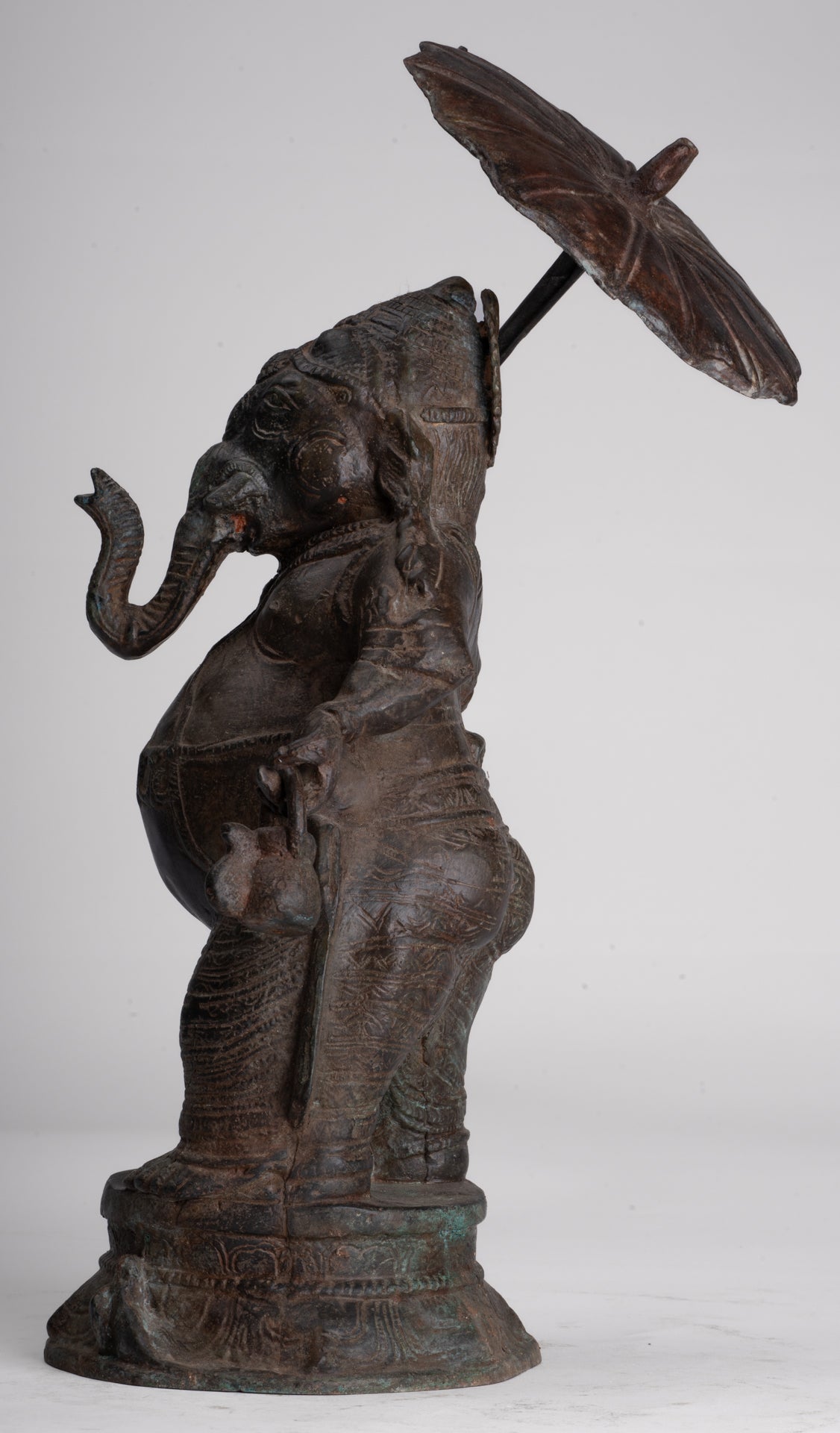 Antique Chola Style Standing Bronze Bridegroom or Mappilai Ganesha Statue w/Umbrella - 37cm/15"