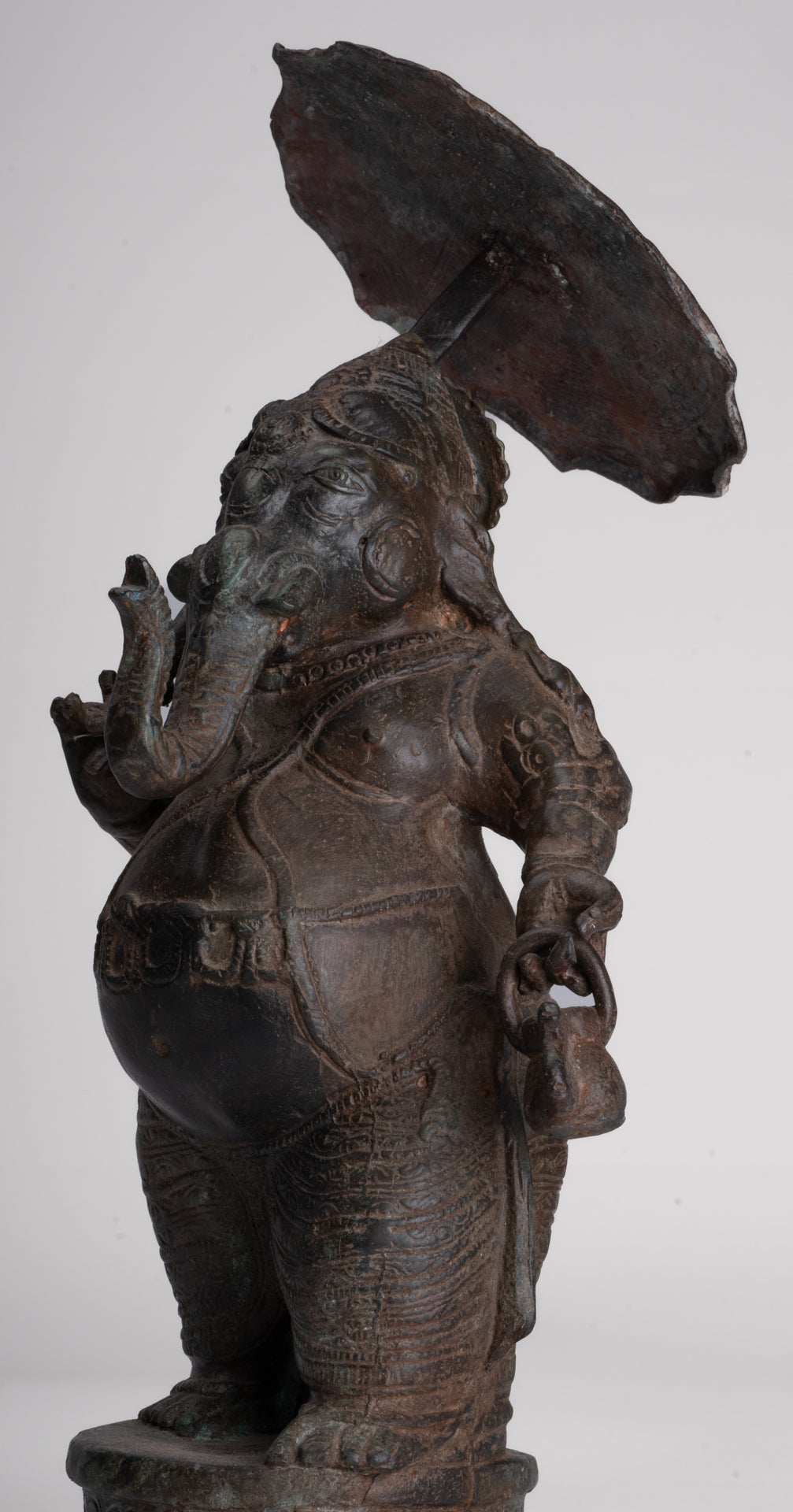 Antique Chola Style Standing Bronze Bridegroom or Mappilai Ganesha Statue w/Umbrella - 37cm/15"