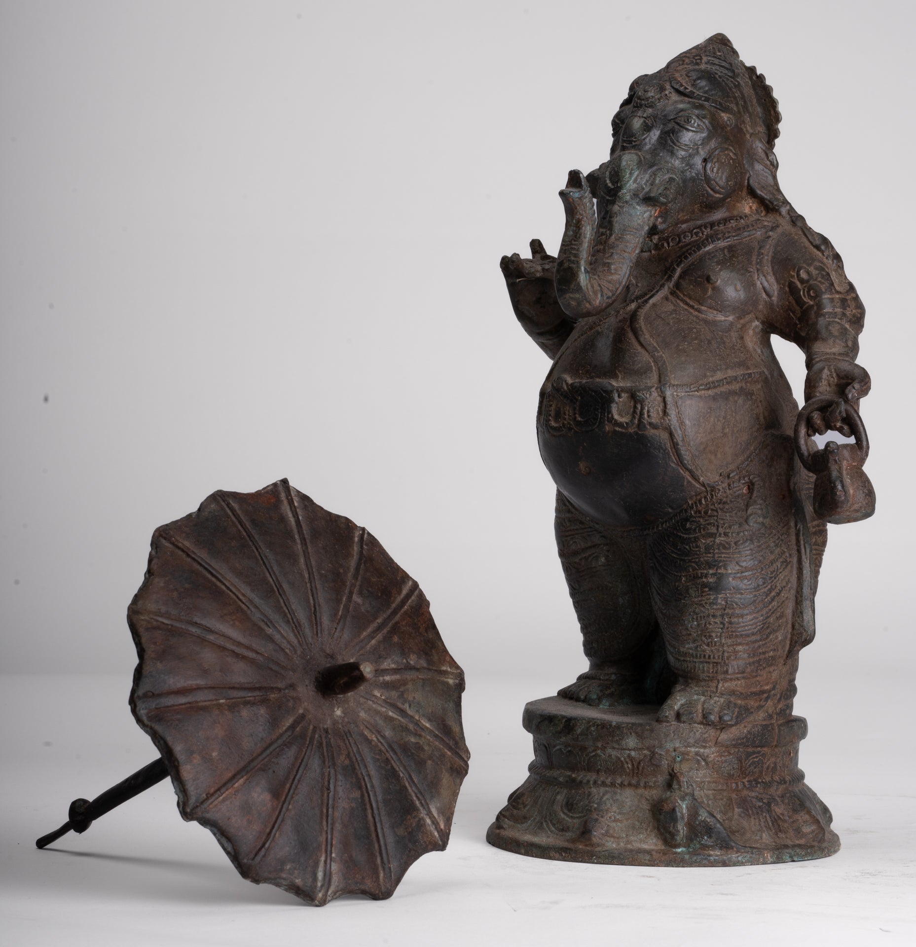 Antique Chola Style Standing Bronze Bridegroom or Mappilai Ganesha Statue w/Umbrella - 37cm/15"