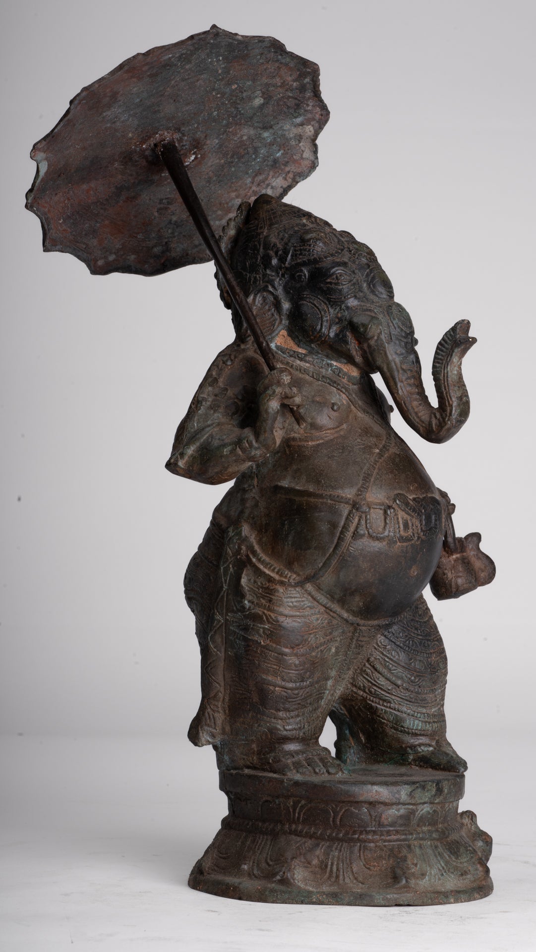 Antique Chola Style Standing Bronze Bridegroom or Mappilai Ganesha Statue w/Umbrella - 37cm/15"