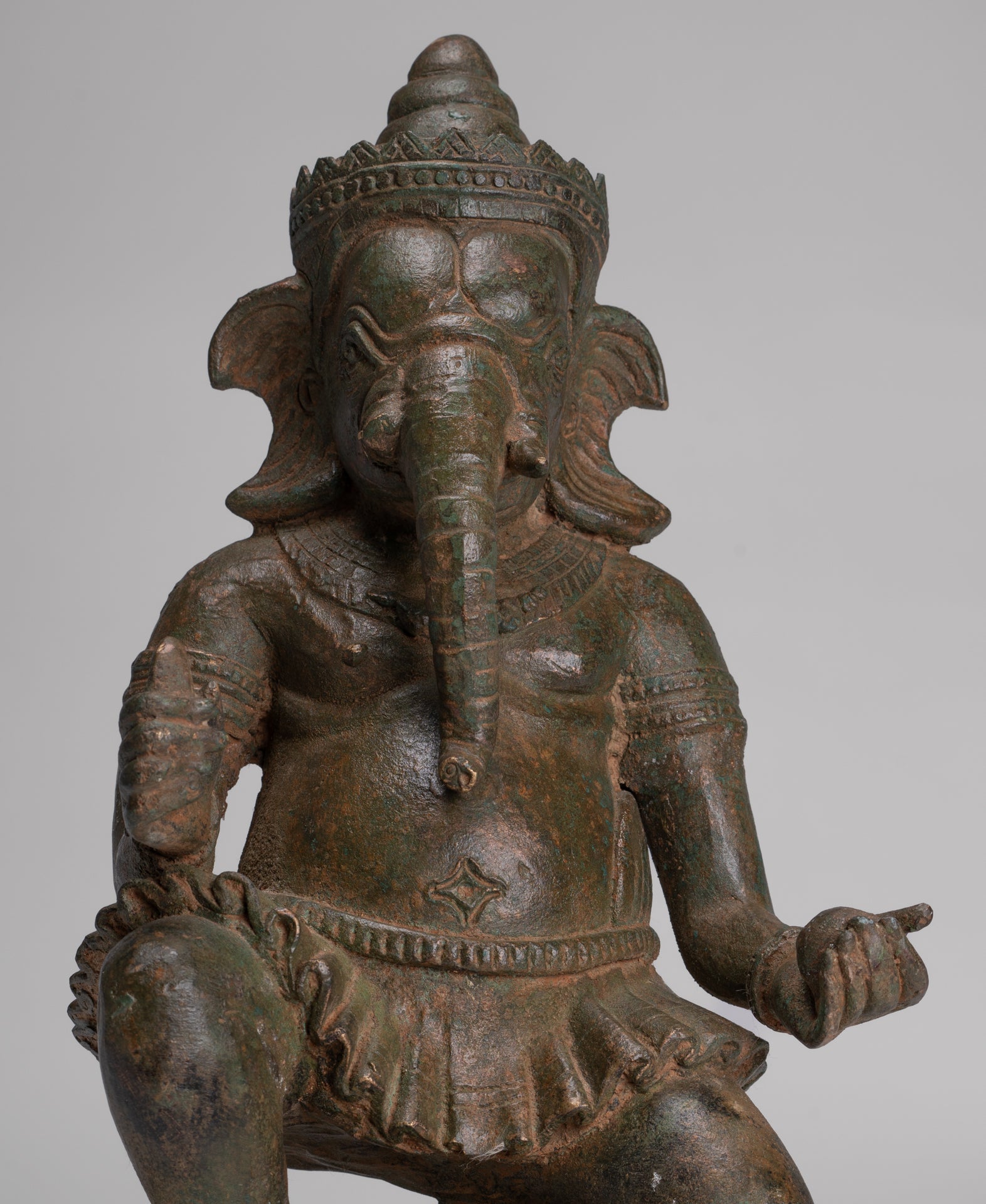 Ganesha Statue - Antique Thai Style Bronze Kneeling Ganesh Statue - 34cm/14"