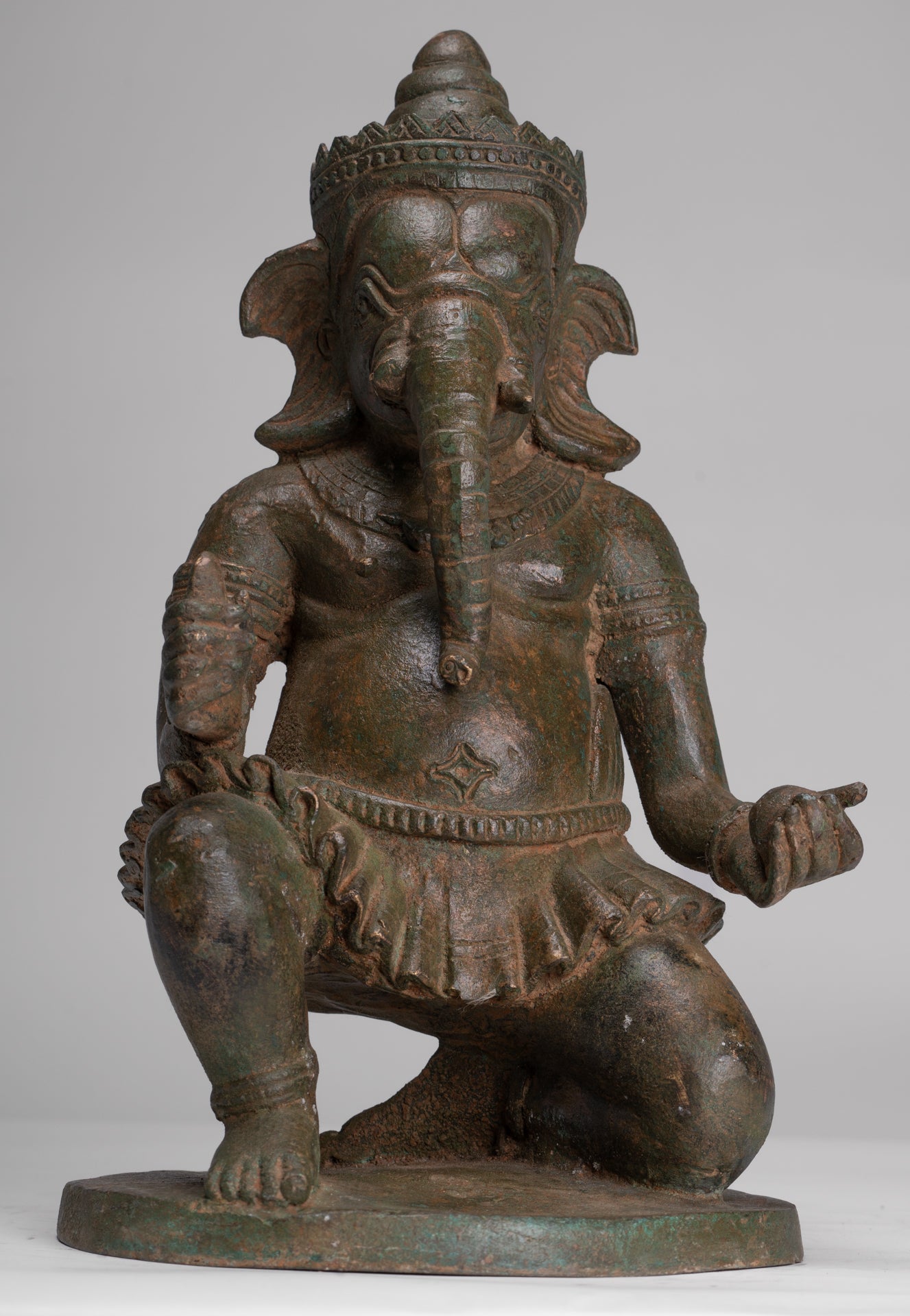 Ganesha Statue - Antique Thai Style Bronze Kneeling Ganesh Statue - 34cm/14"