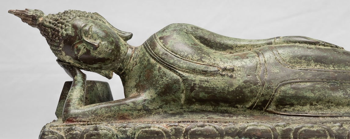 Estatua de Buda - Bronce de estilo tailandés de antigüedades Sukhothai Reclining Nirvana Buda Estatua - 54cm/22 "