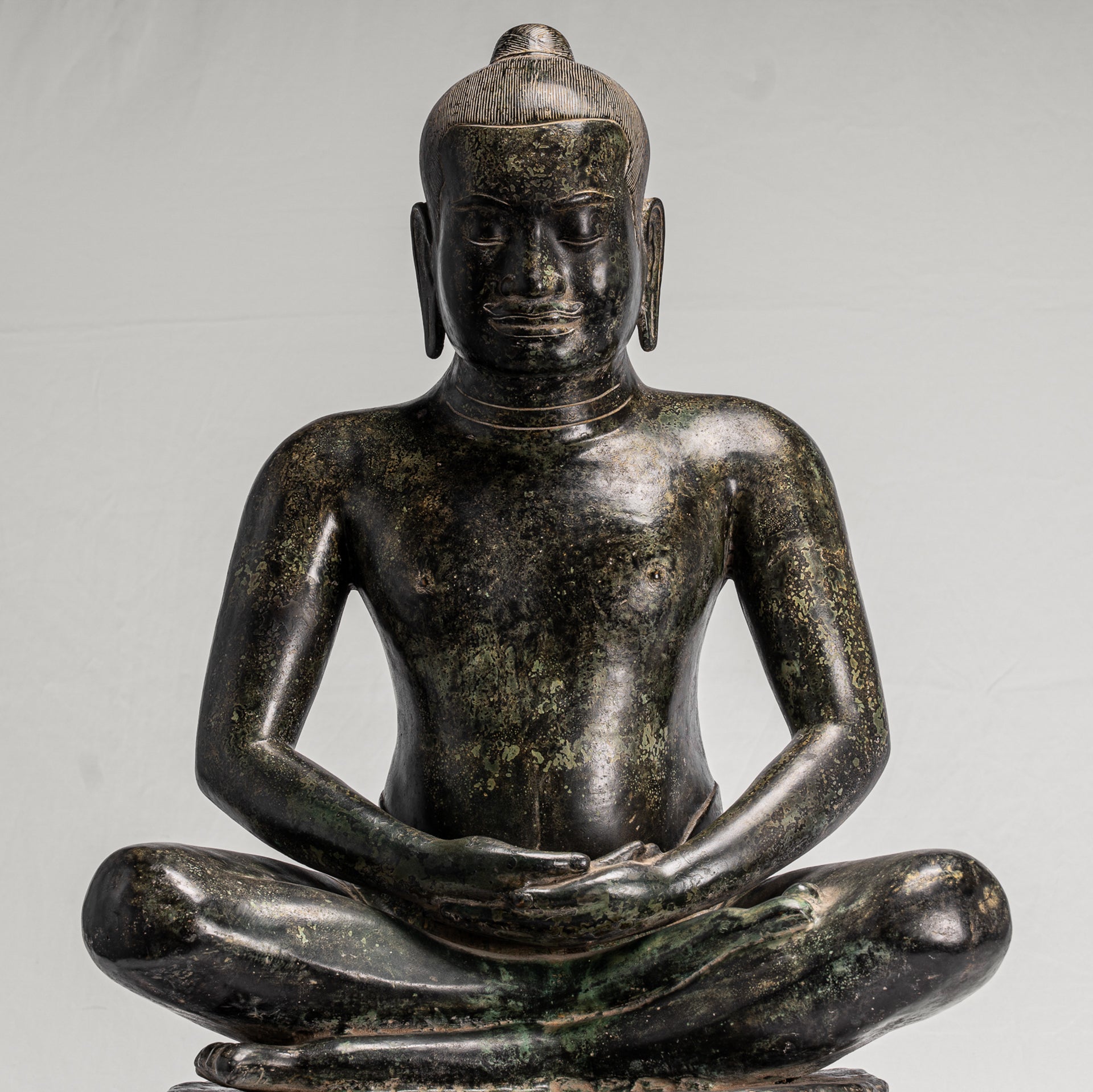 Antique Khmer Style Seated Bronze Meditation Jayavarman VII Statue - 68cm/27"