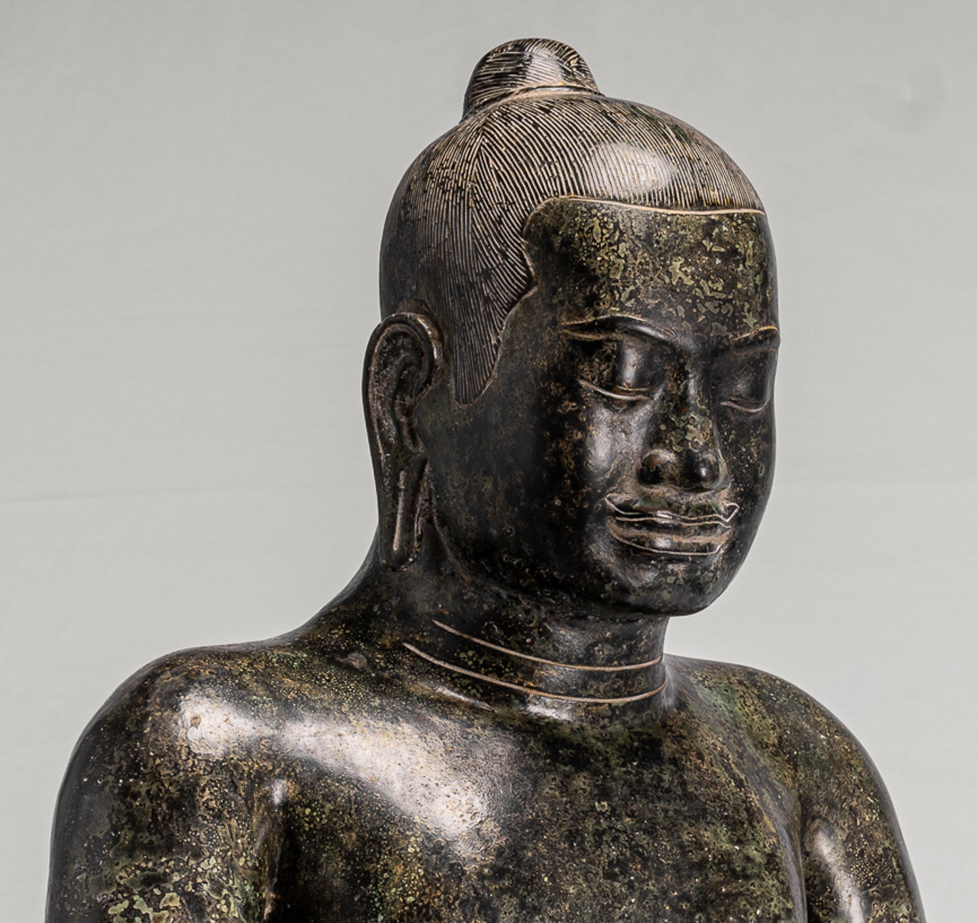 Antique Khmer Style Seated Bronze Meditation Jayavarman VII Statue - 68cm/27"