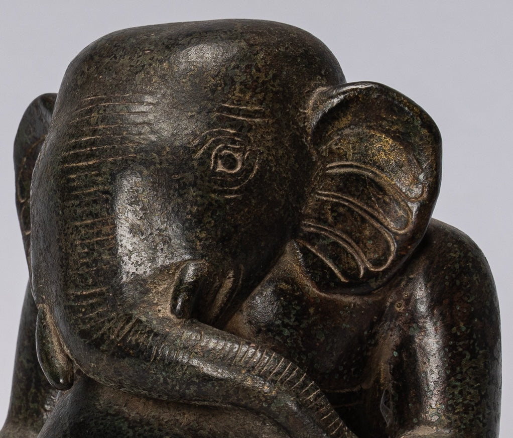 Ganesh Statue - Antique Cham Style Seated Bronze Ganesha Statue - 20cm/8"