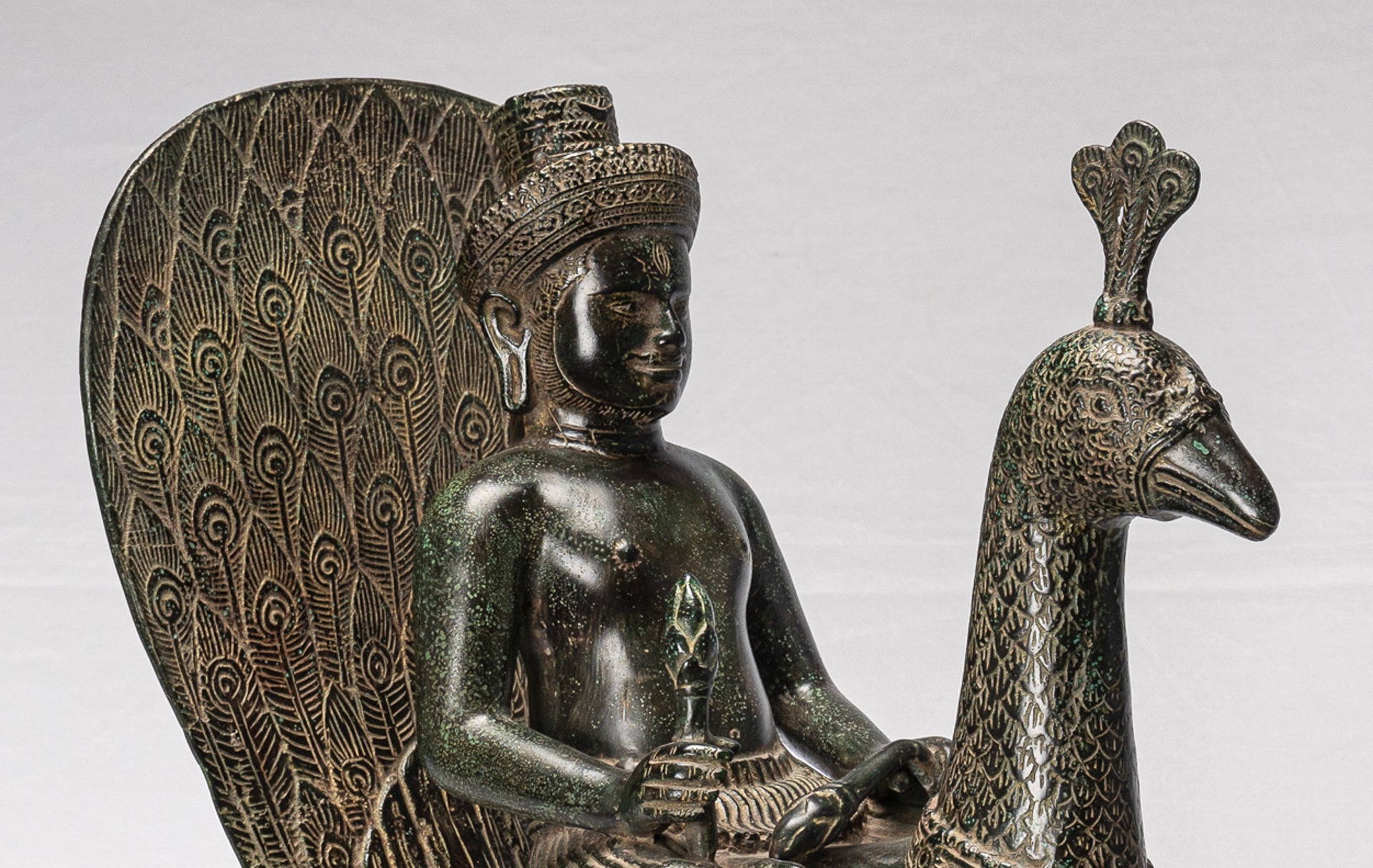 Murugan Statue - Antique Khmer Style Bronze Murugan on His Peacock - 53cm/21"