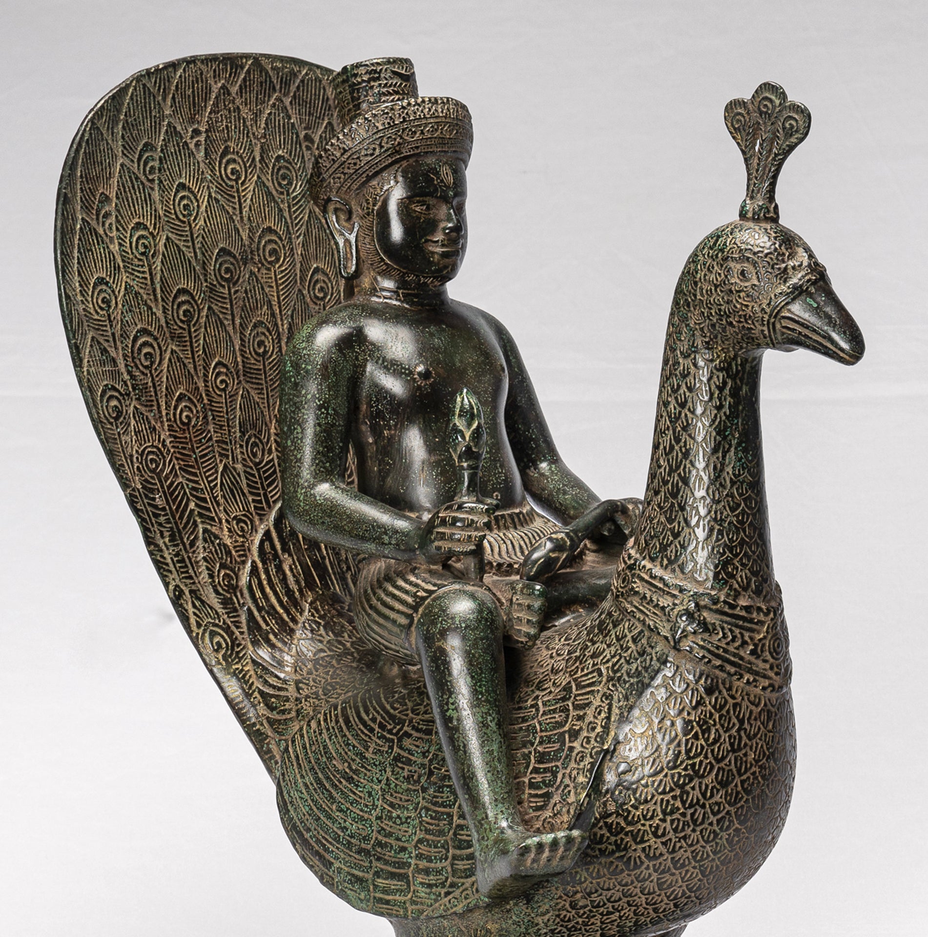 Murugan Statue - Antique Khmer Style Bronze Murugan on His Peacock - 53cm/21"