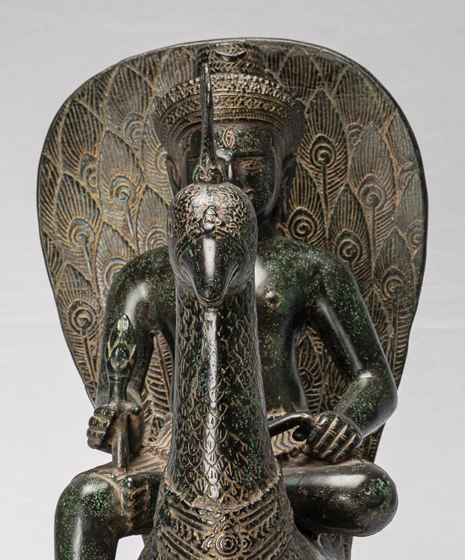 Murugan Statue - Antique Khmer Style Bronze Murugan on His Peacock - 53cm/21"