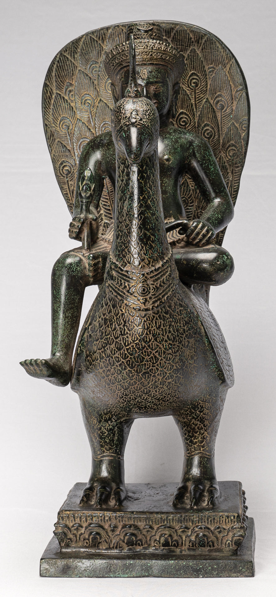 Murugan Statue - Antique Khmer Style Bronze Murugan on His Peacock - 53cm/21"