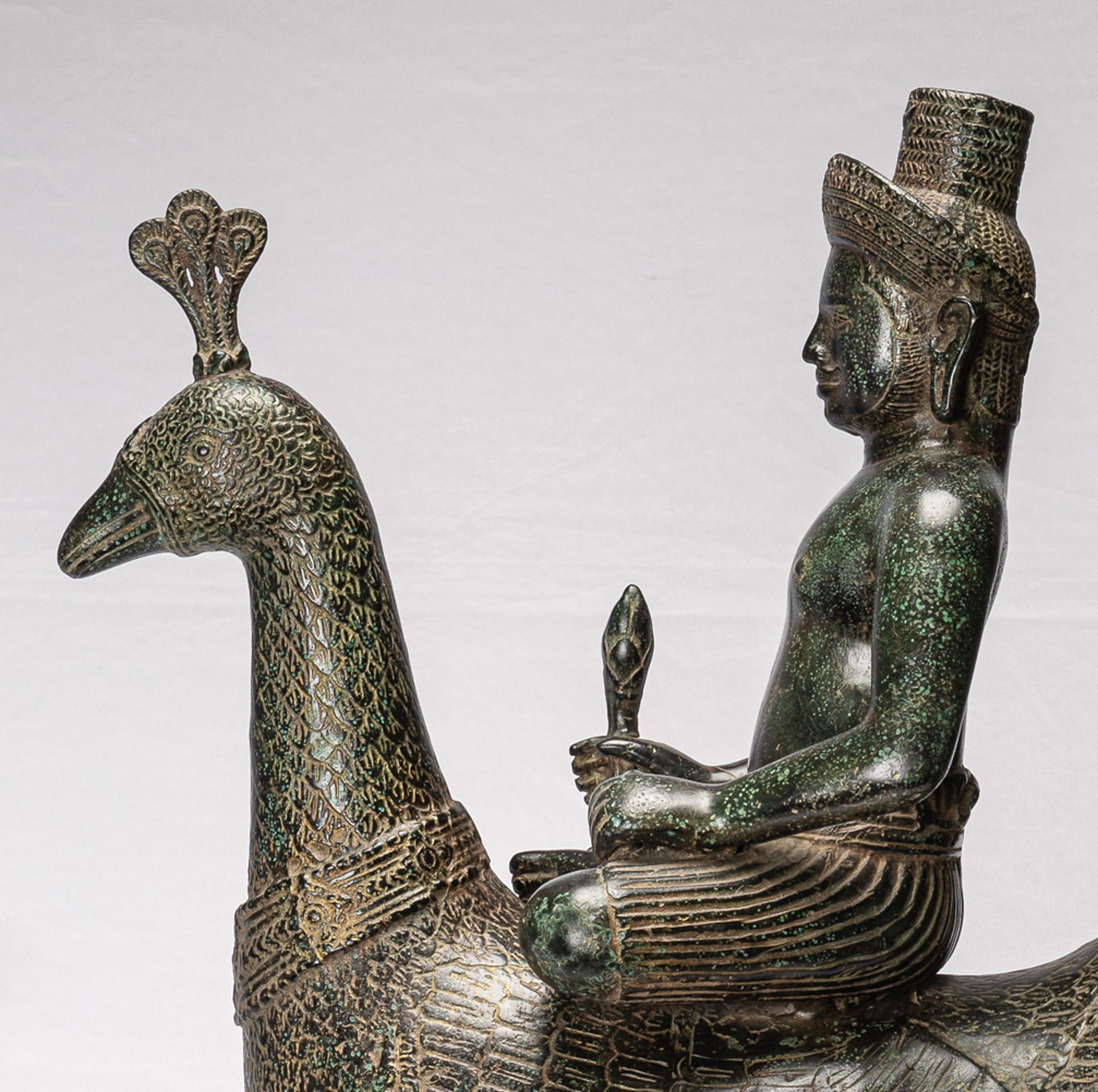 Murugan Statue - Antique Khmer Style Bronze Murugan on His Peacock - 53cm/21"