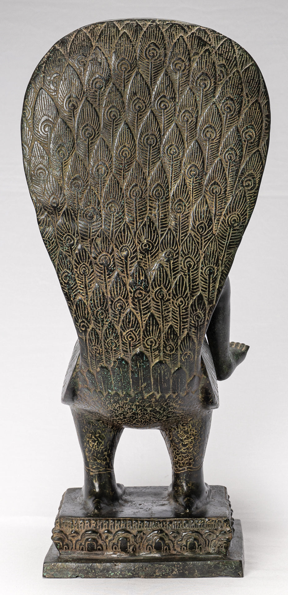 Murugan Statue - Antique Khmer Style Bronze Murugan on His Peacock - 53cm/21"