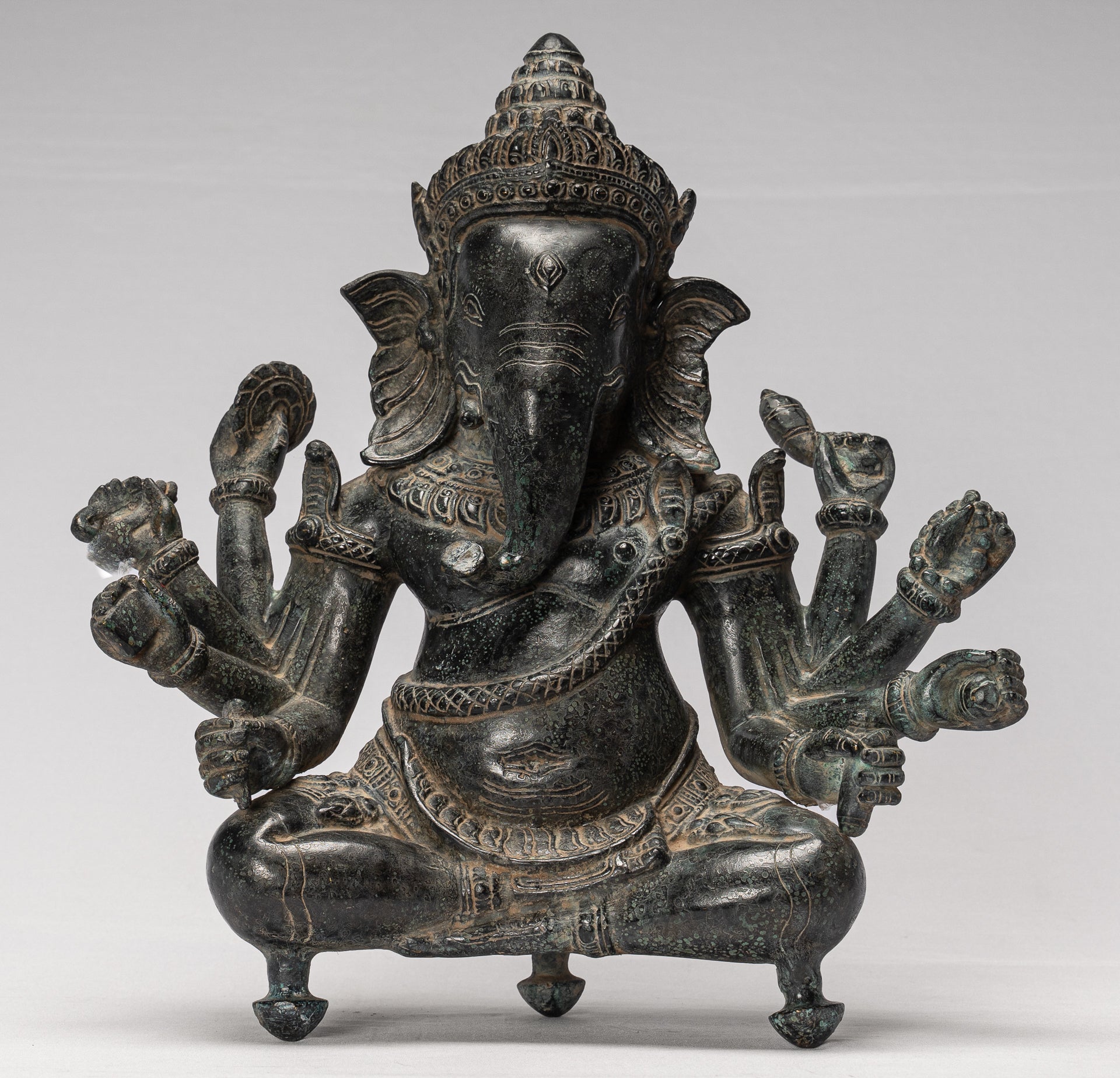 Ganesha Statue - Antique Khmer Style Bayon 8 Arm Ganesh Statue - 34cm/14"