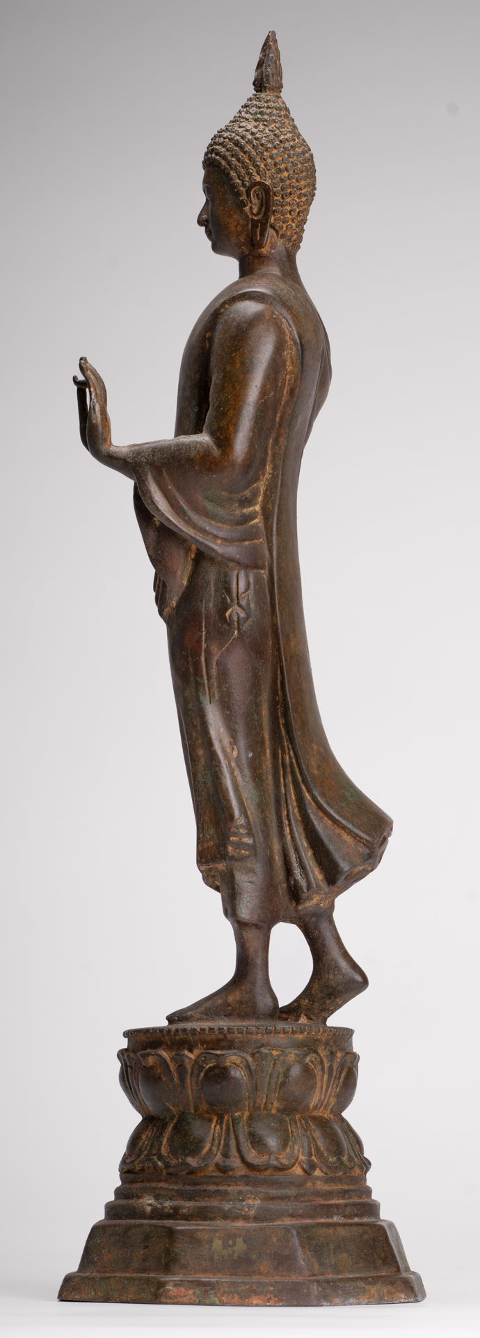 Antique Sukhothai Style Standing Bronze Thai Protection Walking Buddha Statue - 57cm/23"
