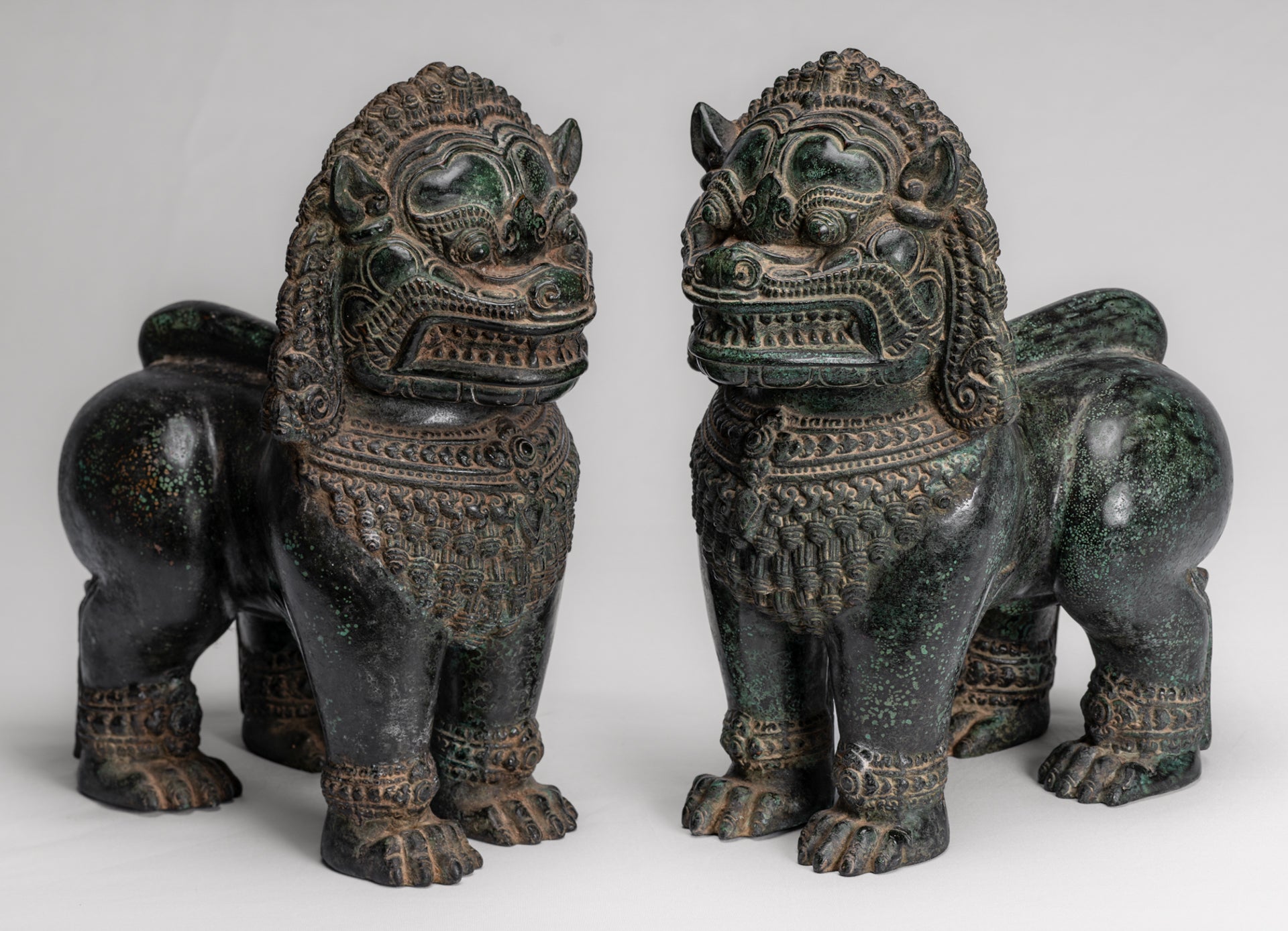 Temple Lion - Antique Khmer Style Bronze Standing Temple Guardian or Lion - 31cm/12" (Pair)