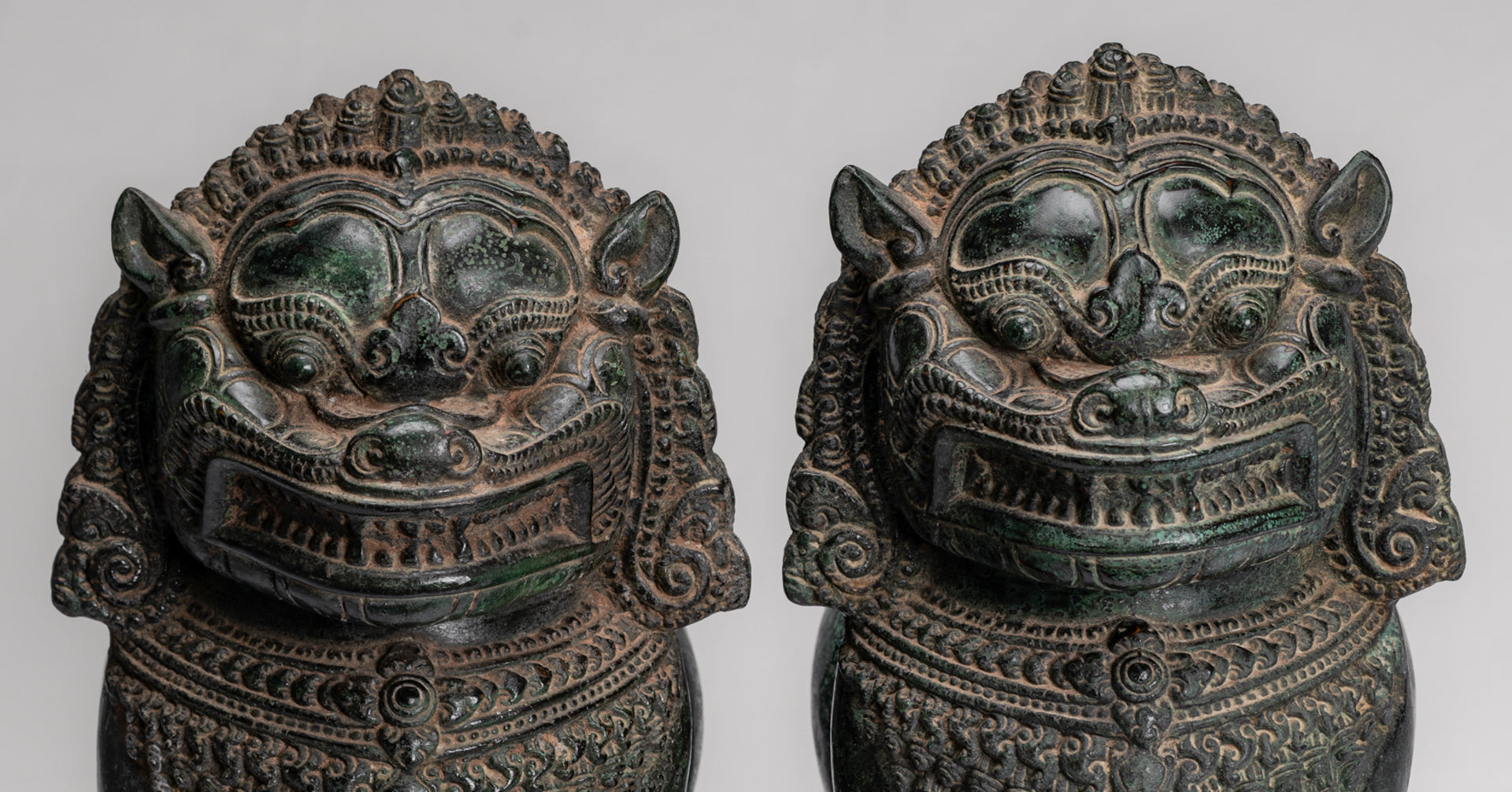 Temple Lion - Antique Khmer Style Bronze Standing Temple Guardian or Lion - 31cm/12" (Pair)