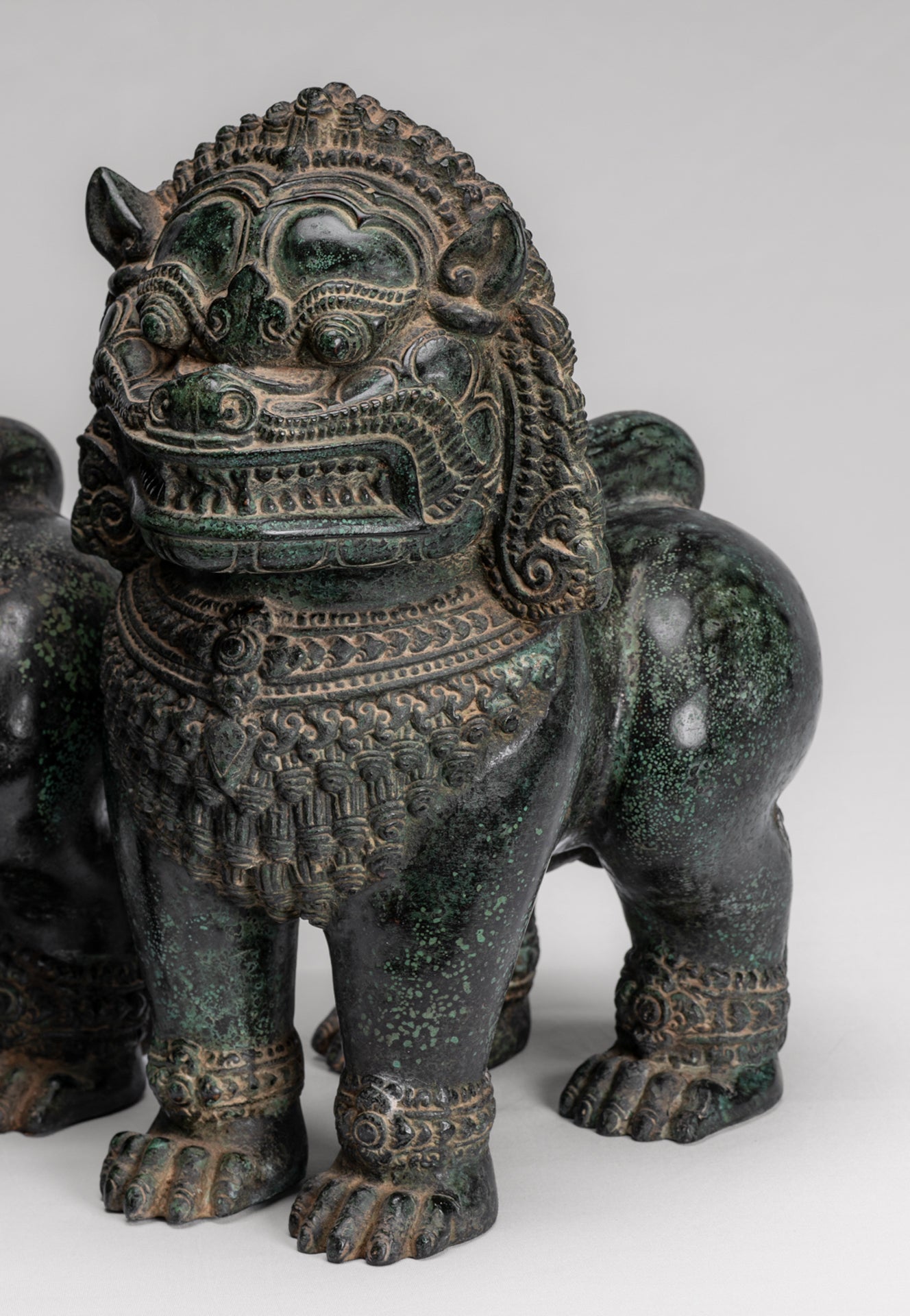 Temple Lion - Antique Khmer Style Bronze Standing Temple Guardian or Lion - 31cm/12" (Pair)