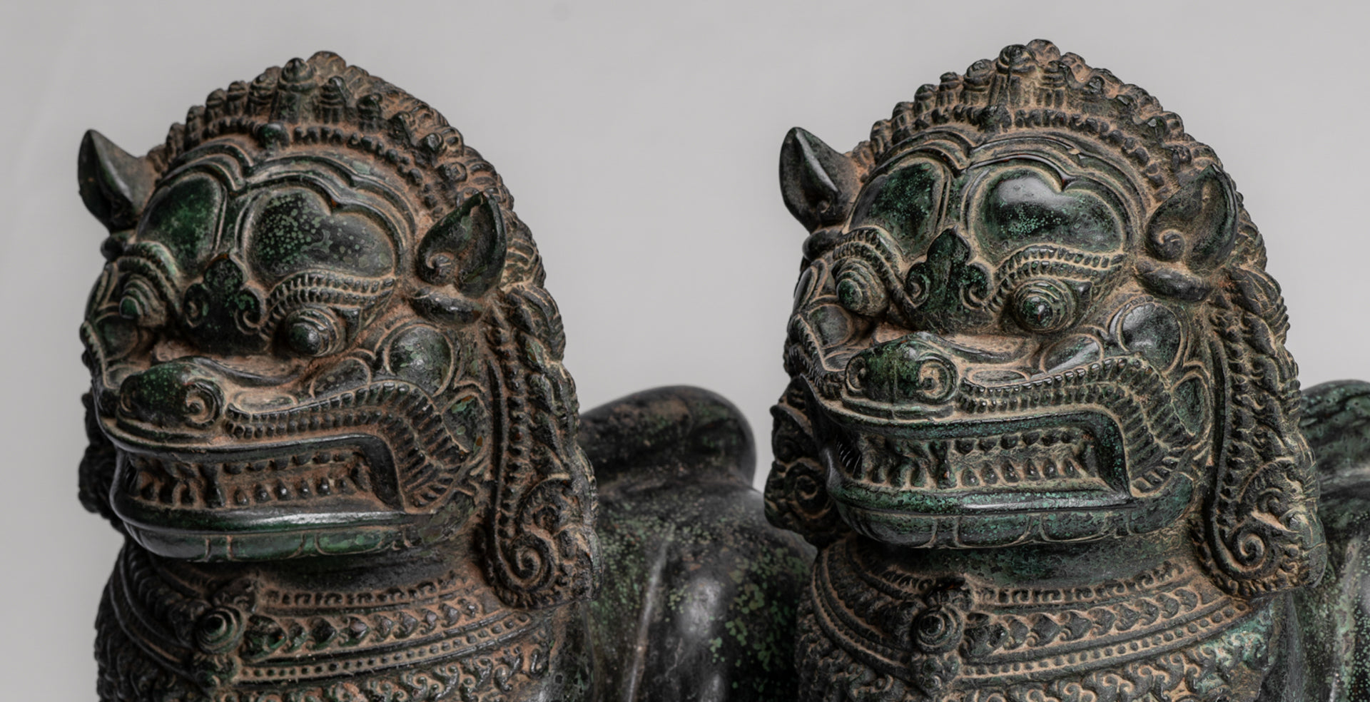 Temple Lion - Antique Khmer Style Bronze Standing Temple Guardian or Lion - 31cm/12" (Pair)