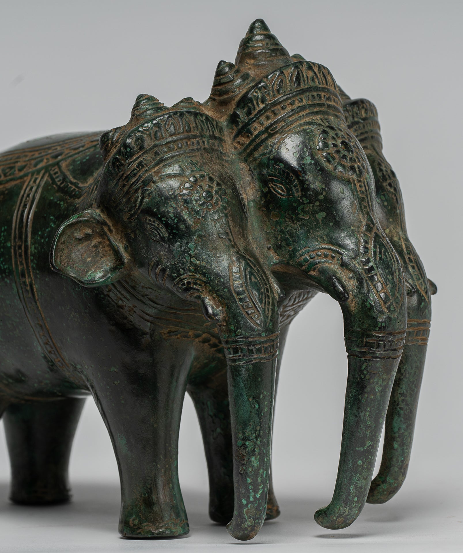 Antique Khmer Style Bronze Erawan Airavata or Elephant Statue - 18cm/7" Tall