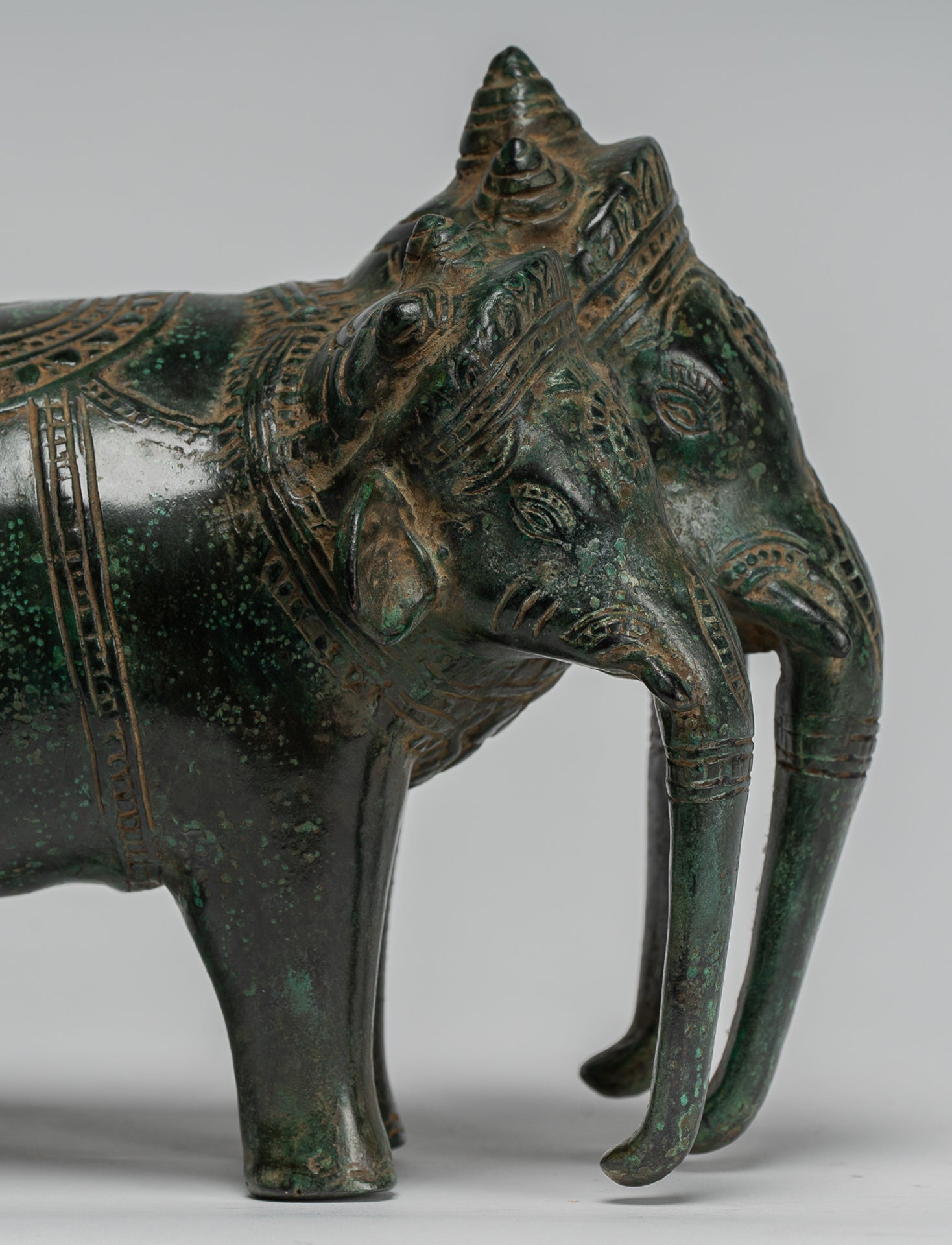 Antique Khmer Style Bronze Erawan Airavata or Elephant Statue - 18cm/7" Tall