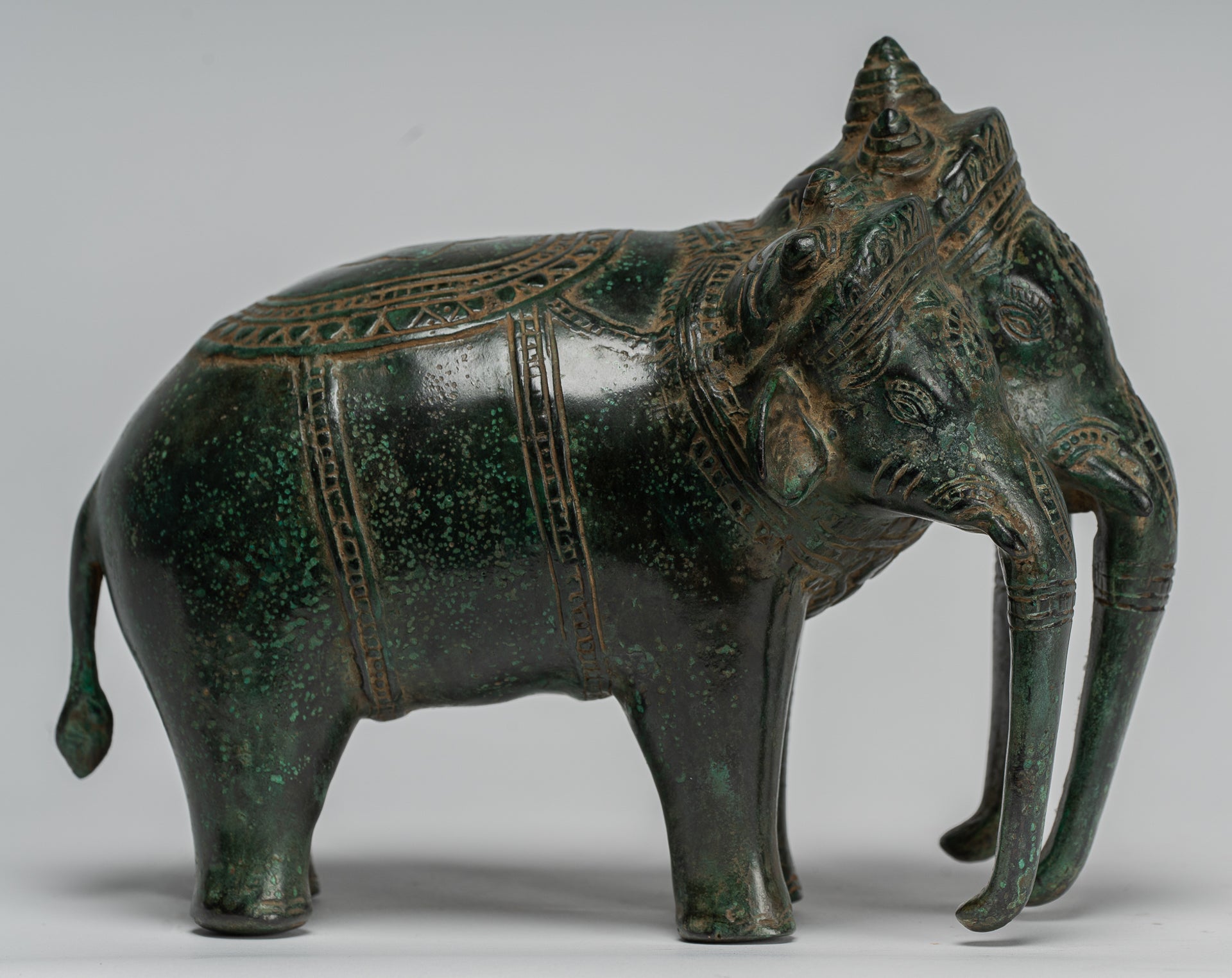 Antique Khmer Style Bronze Erawan Airavata or Elephant Statue - 18cm/7" Tall