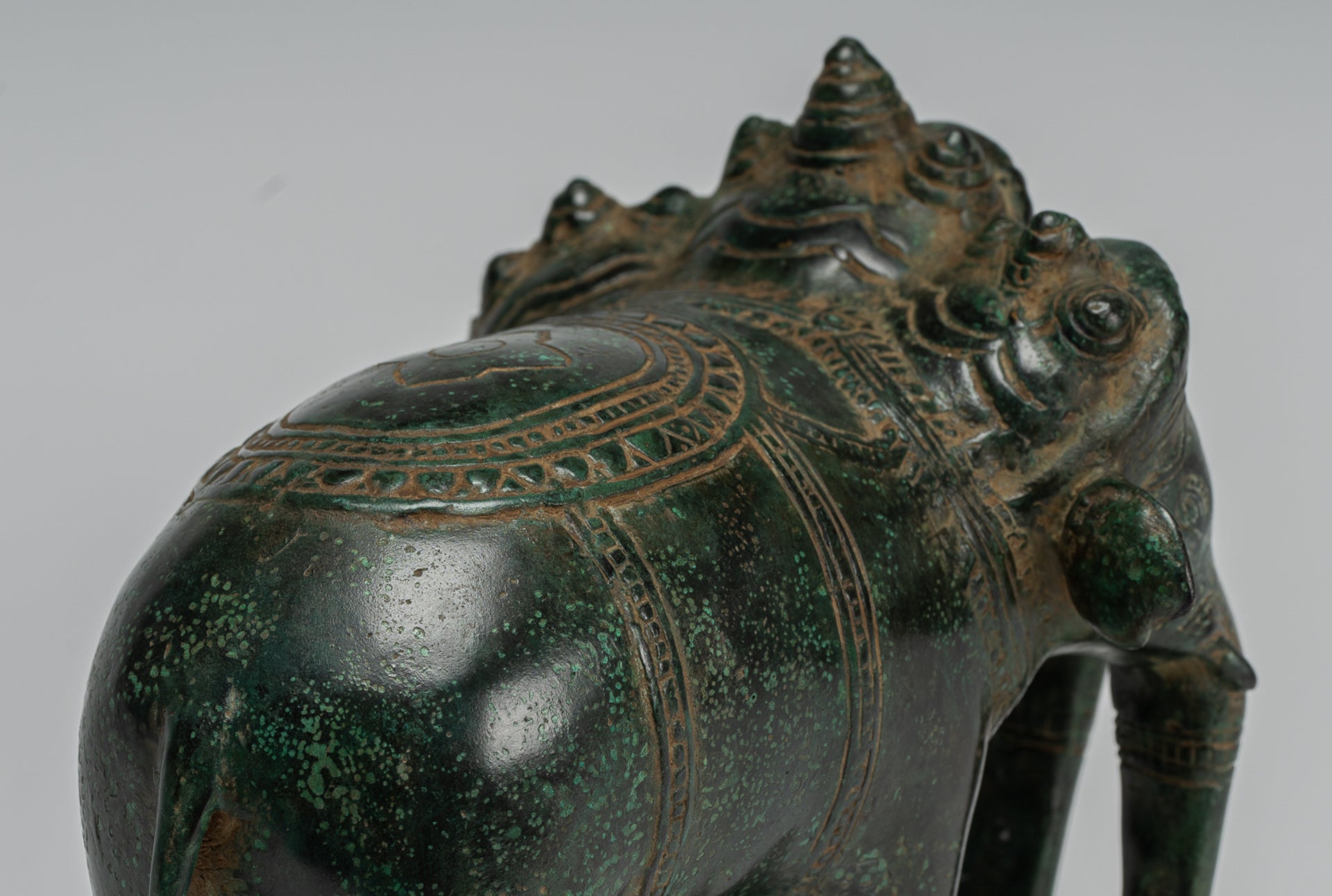 Antique Khmer Style Bronze Erawan Airavata or Elephant Statue - 18cm/7" Tall