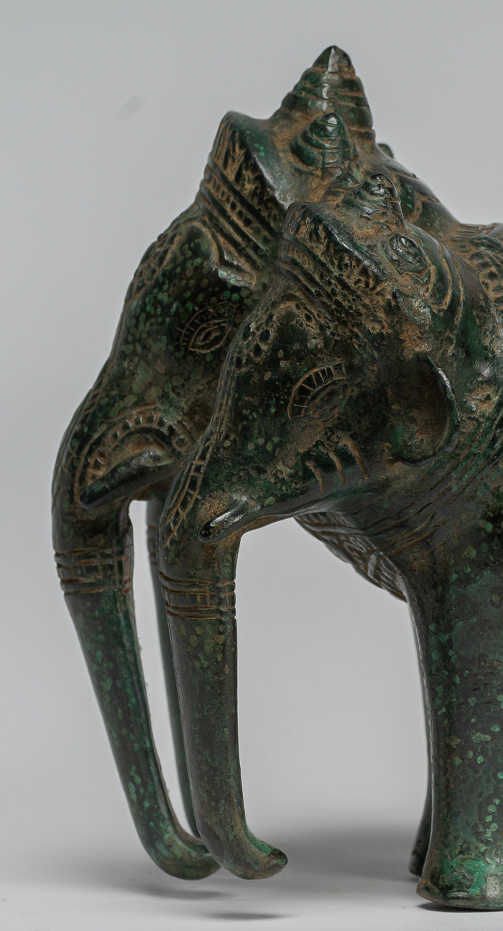 Antique Khmer Style Bronze Erawan Airavata or Elephant Statue - 18cm/7" Tall