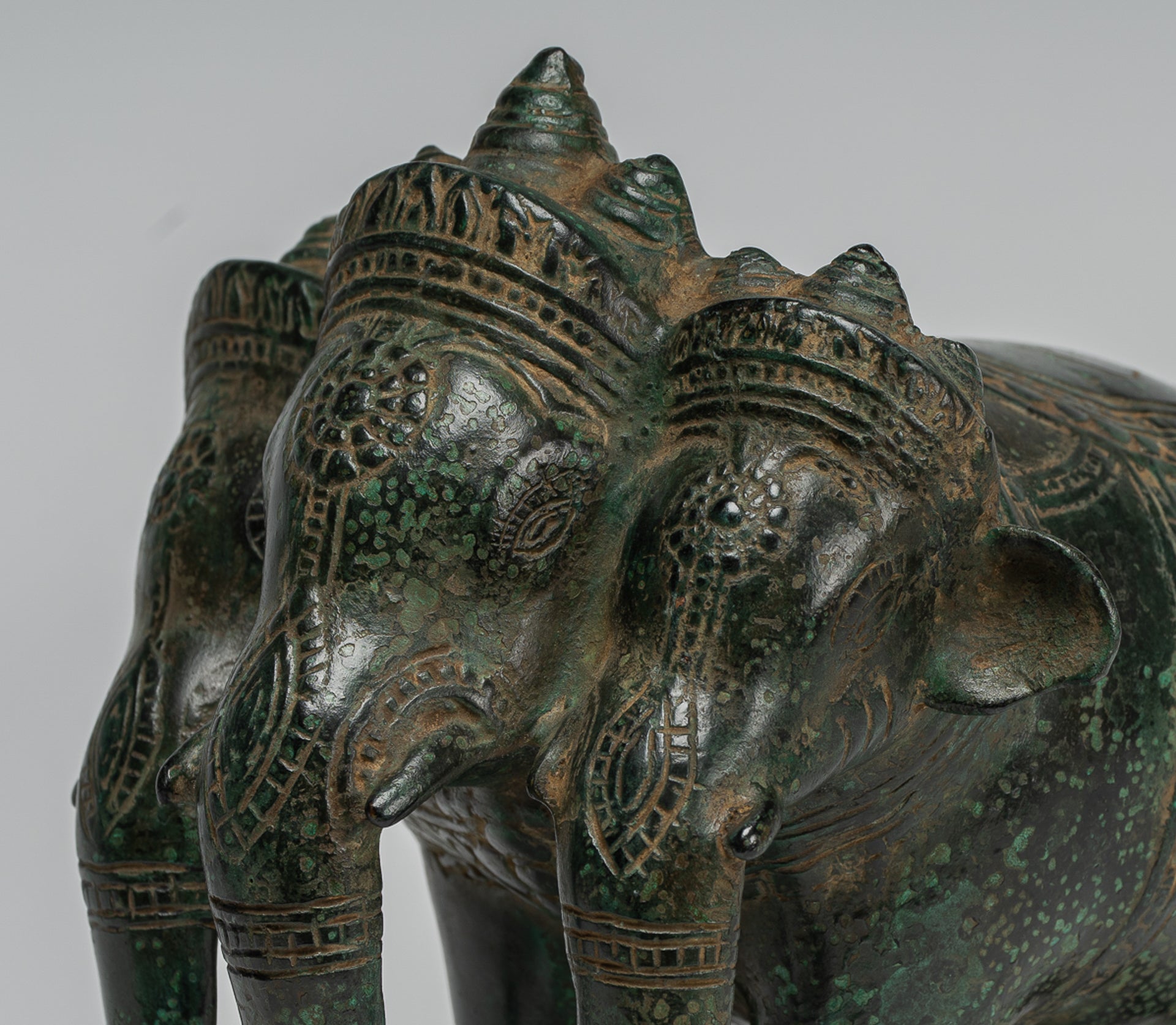 Antique Khmer Style Bronze Erawan Airavata or Elephant Statue - 18cm/7" Tall