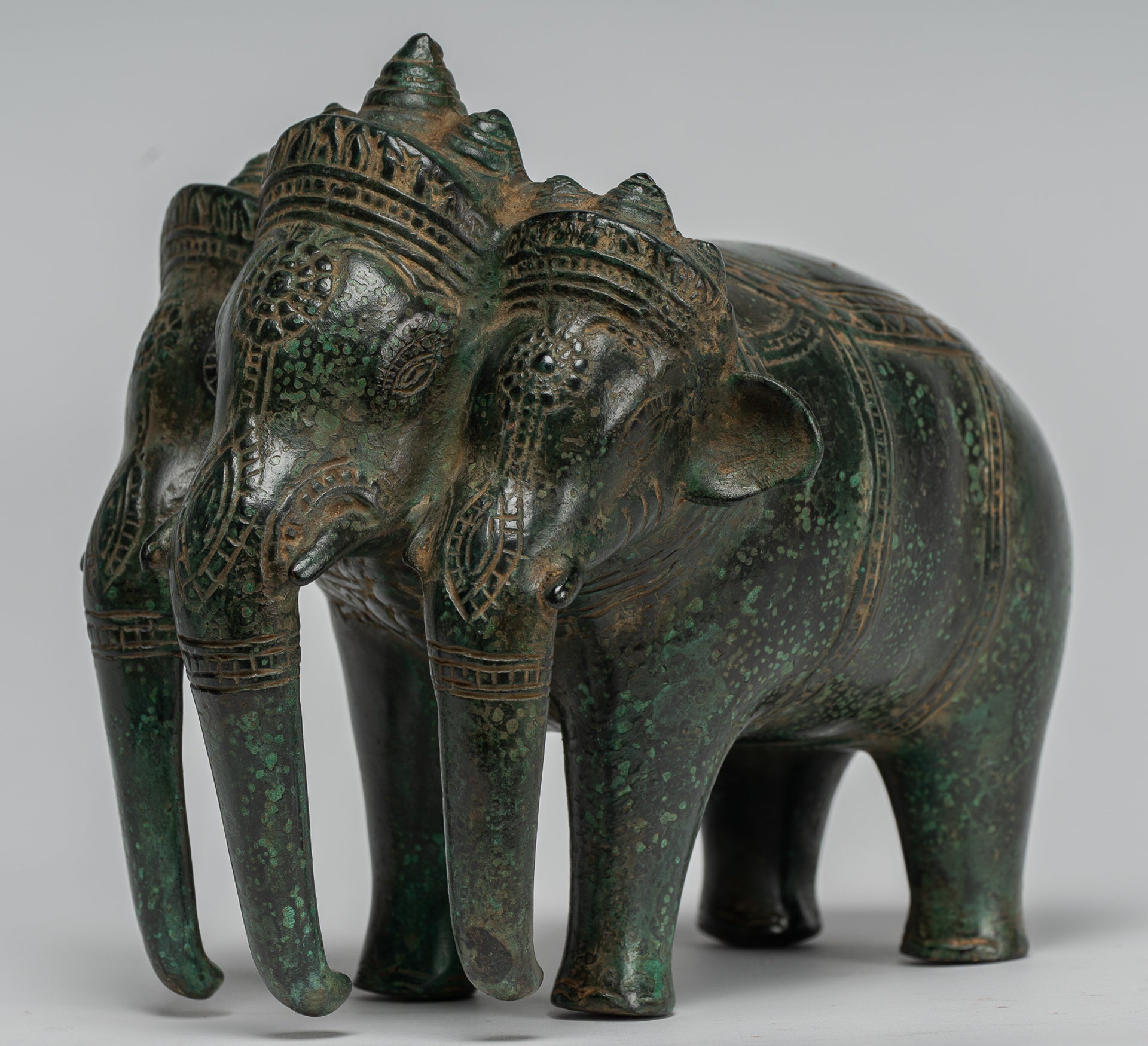 Antique Khmer Style Bronze Erawan Airavata or Elephant Statue - 18cm/7" Tall