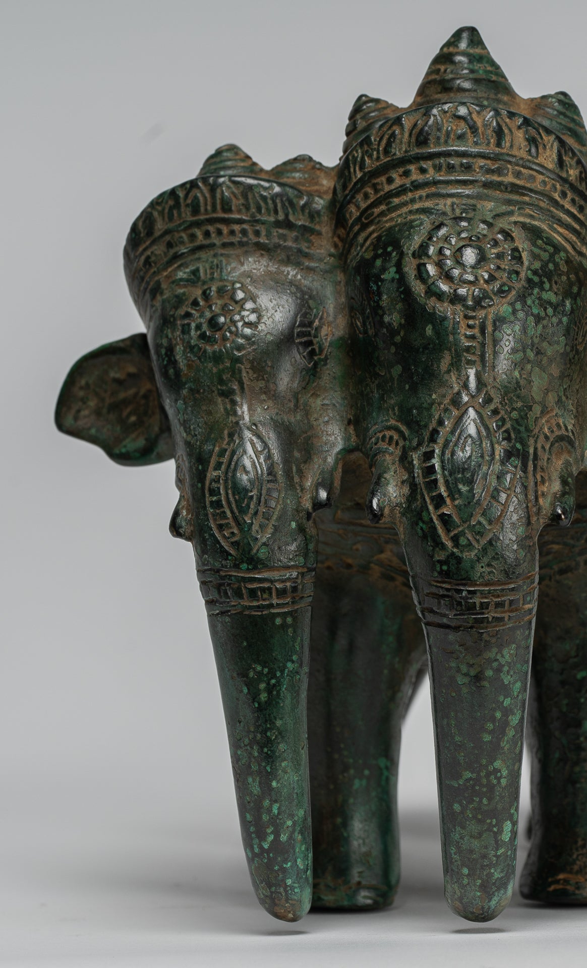 Antique Khmer Style Bronze Erawan Airavata or Elephant Statue - 18cm/7" Tall