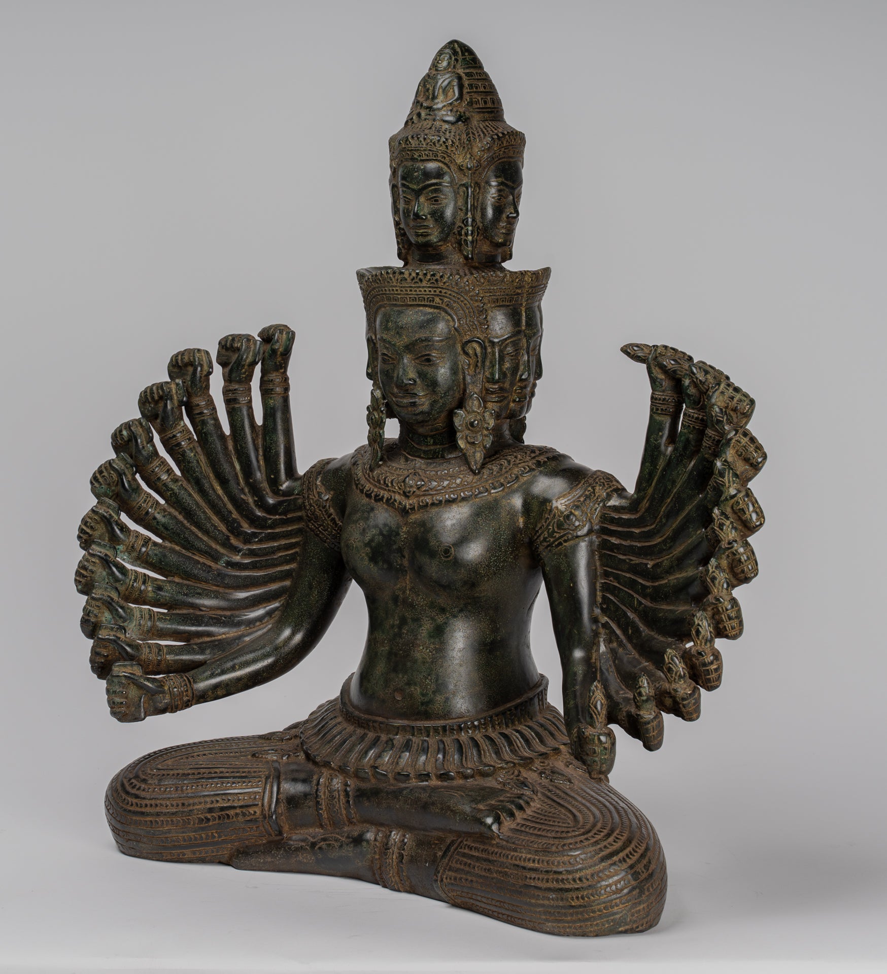 Antique Khmer Style Seated Bronze Bodhisattva Avalokiteshvara Statue - 53cm/21"