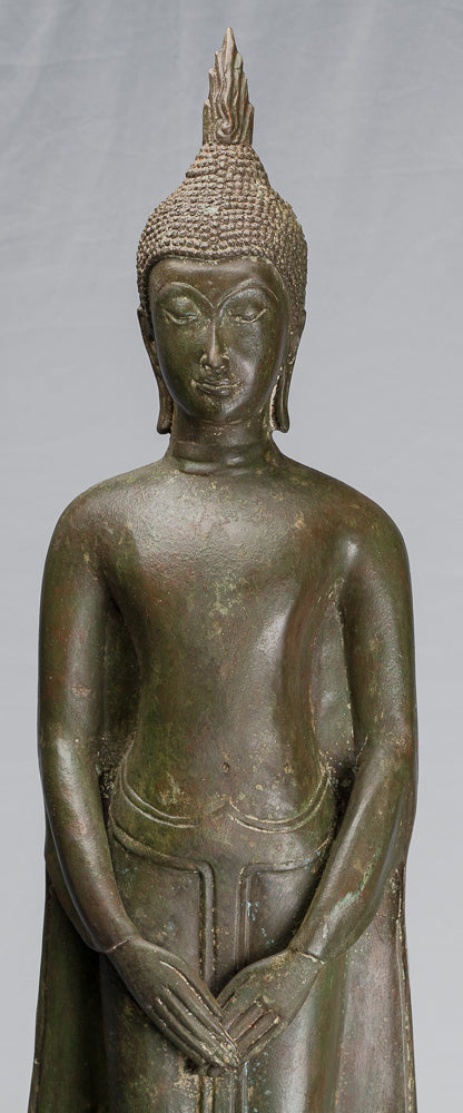 Statue antique de Bouddha pensif en bronze debout d'Ayutthaya de style thaïlandais - 99 cm/40"