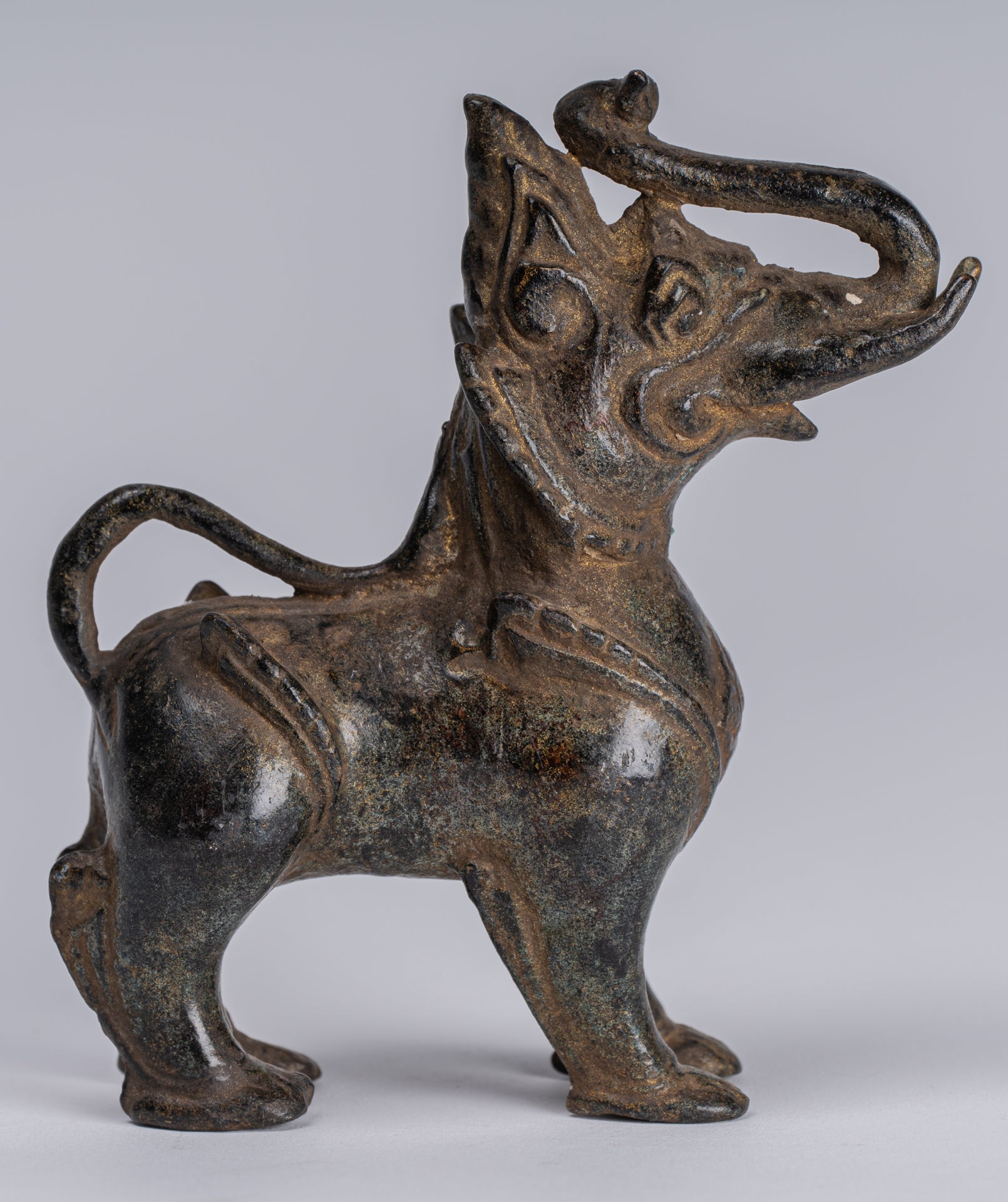 Antiguo de bronce de estilo birmano de pie Chinthe Guardian Temple Lion - 11.5cm/5 "