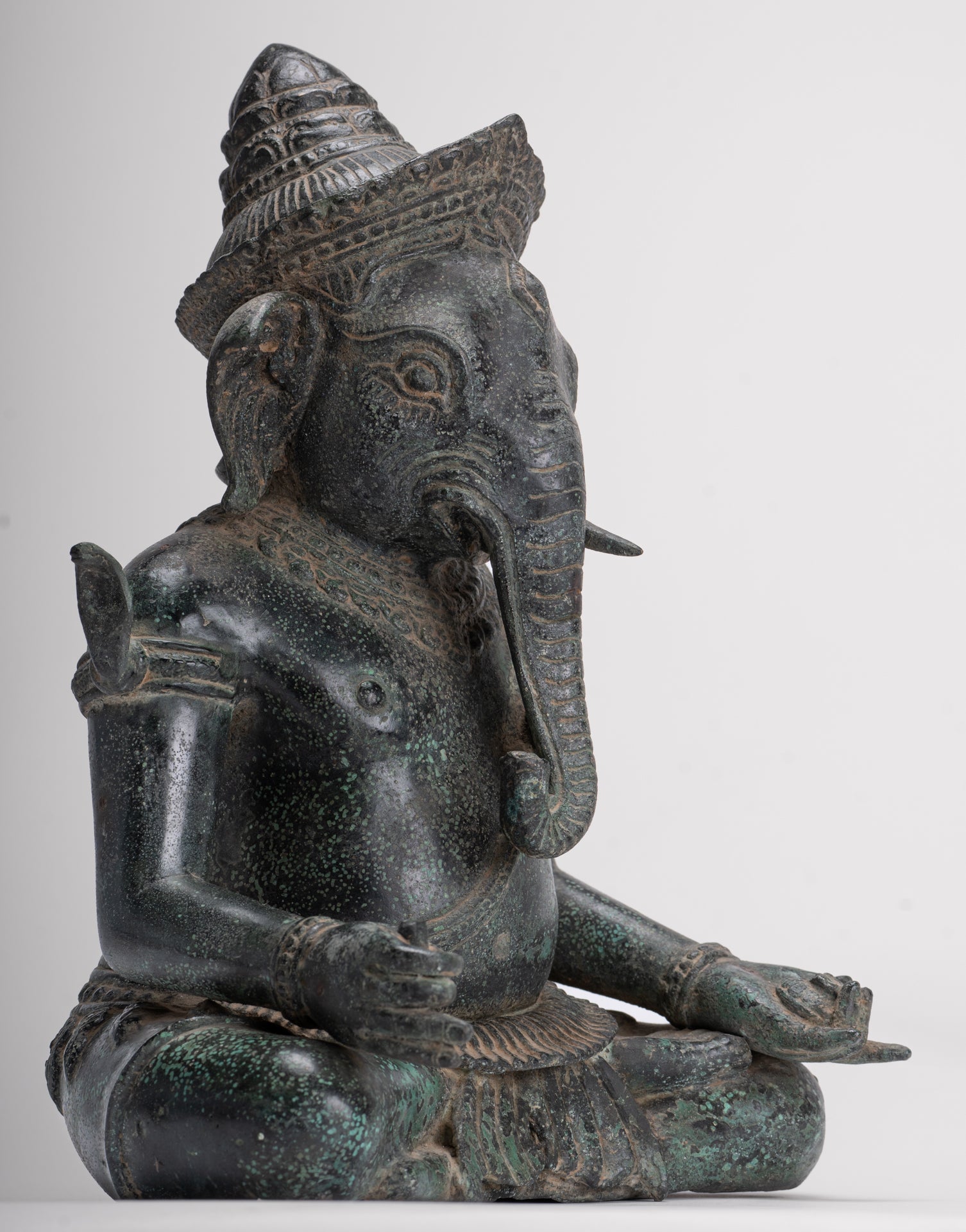 Ganesha Statue - Antique Khmer Style Bayon Seated Ganesh Statue - 36cm/14"