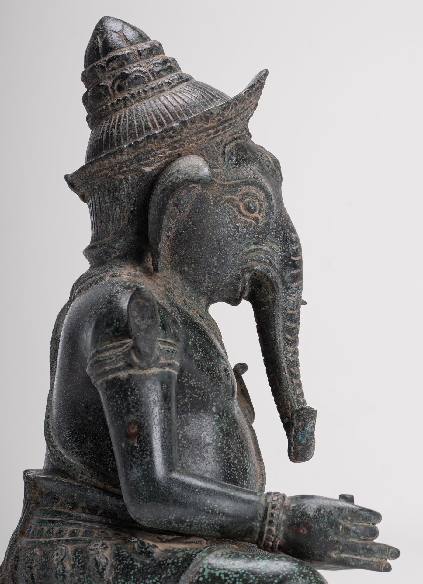 Ganesha Statue - Antique Khmer Style Bayon Seated Ganesh Statue - 36cm/14"