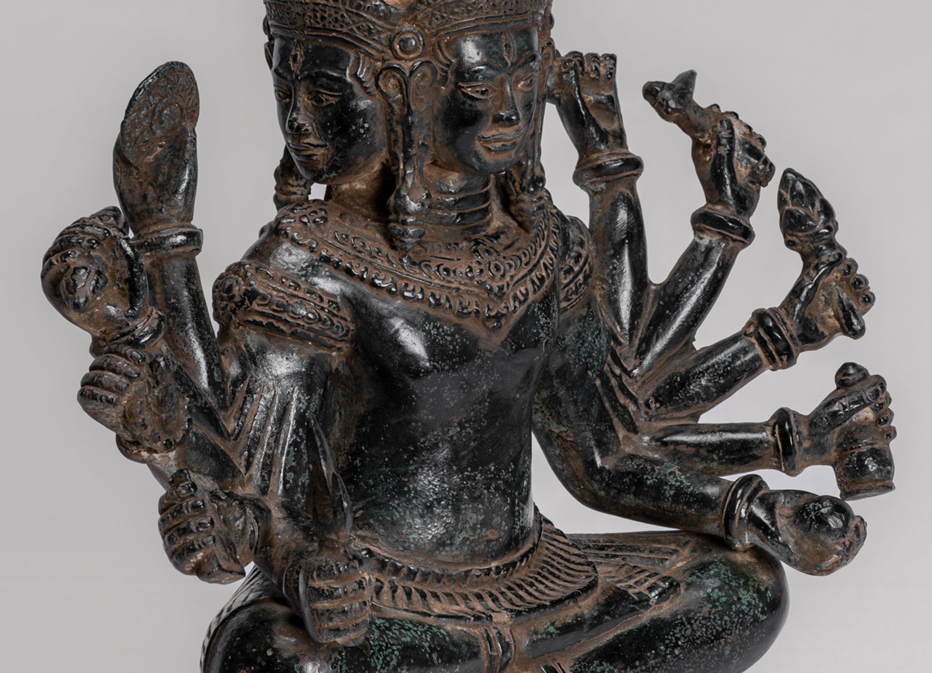 Trimurti Statue - Antique Khmer Style Trimurti Shiva Brahma Vishnu Statue - 36cm/14"