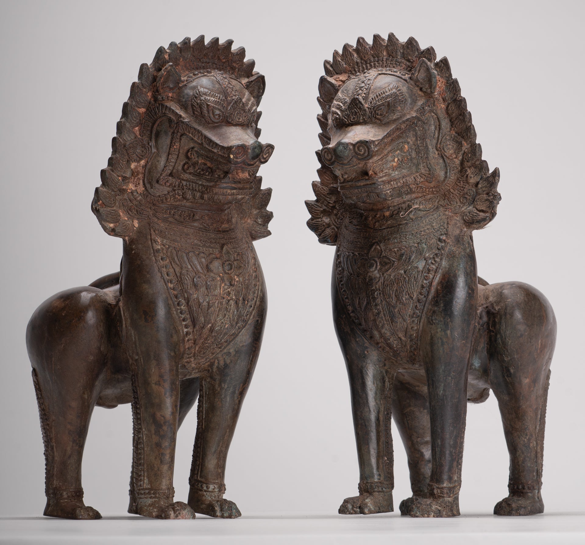 Temple Lion - Antique Thai Style Bronze Standing Singha Temple Guardians or Lions - 31cm/12" (Pair)