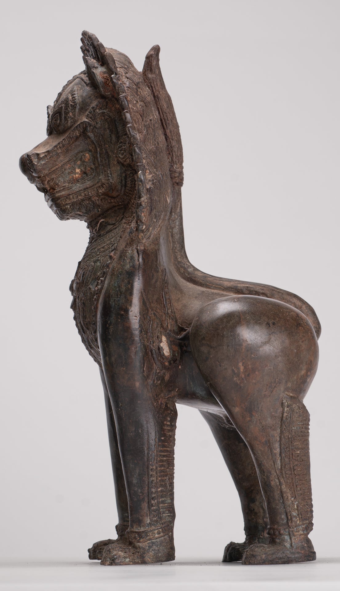 Temple Lion - Antique Thai Style Bronze Standing Singha Temple Guardians or Lions - 31cm/12" (Pair)