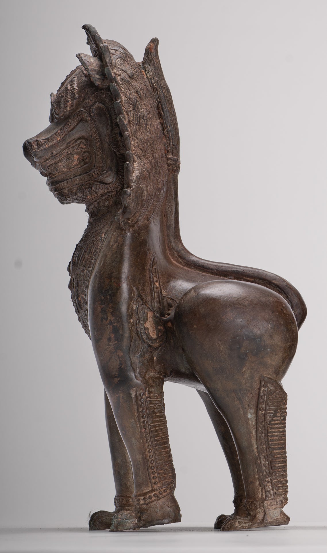 Temple Lion - Antique Thai Style Bronze Standing Singha Temple Guardians or Lions - 31cm/12" (Pair)