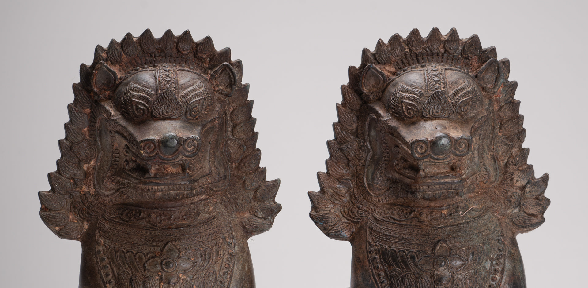 Temple Lion - Antique Thai Style Bronze Standing Singha Temple Guardians or Lions - 31cm/12" (Pair)