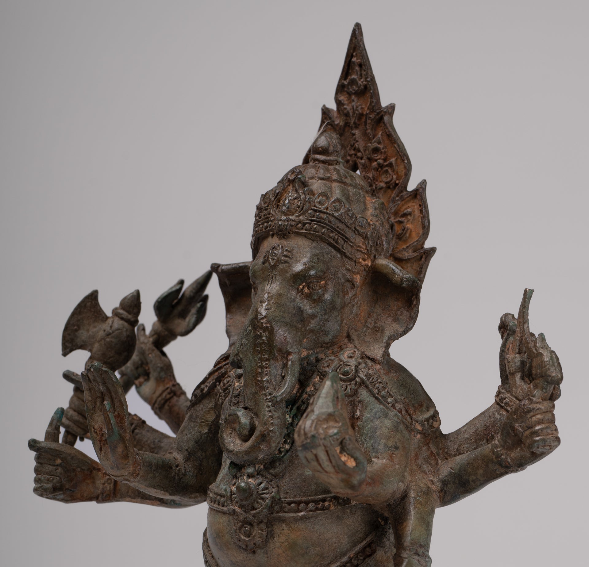 Ganesha Statue - Antique Thai Style Bronze Standing 8-Arm Ganesha Statue - 29cm/12"