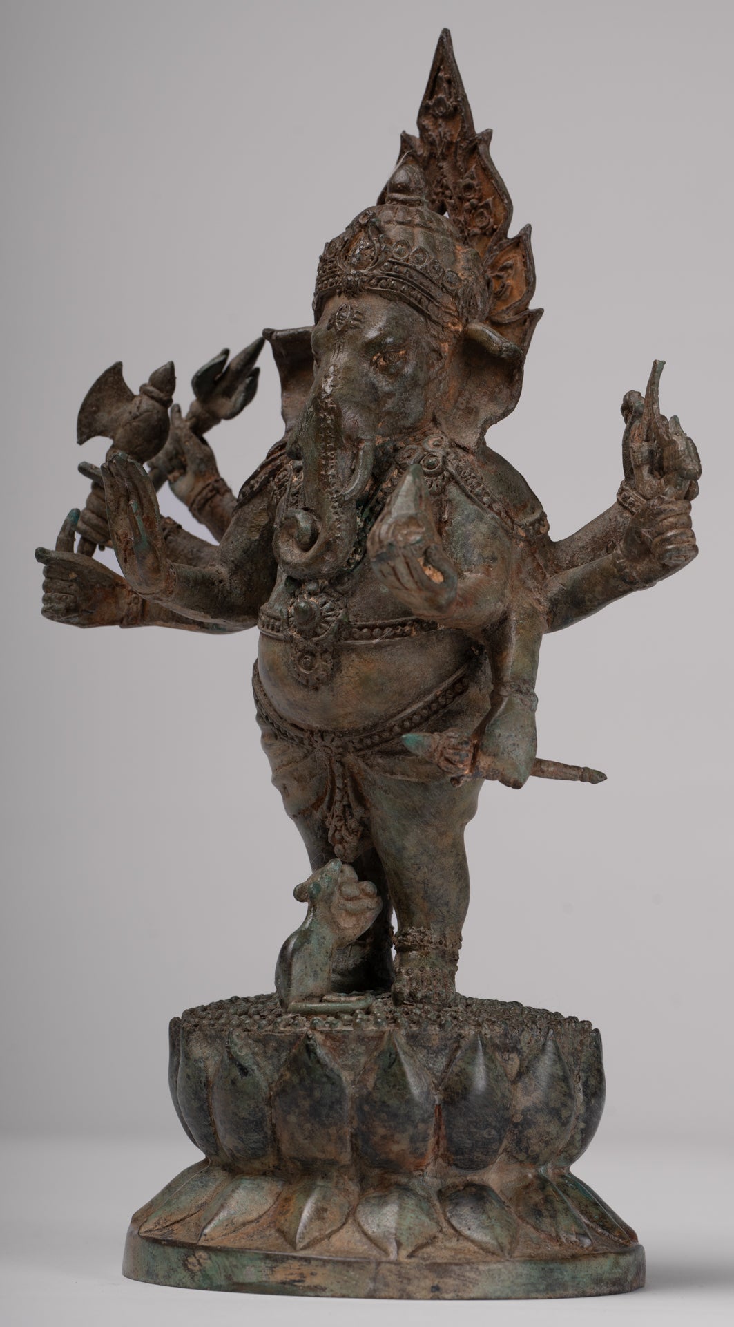 Ganesha Statue - Antique Thai Style Bronze Standing 8-Arm Ganesha Statue - 29cm/12"