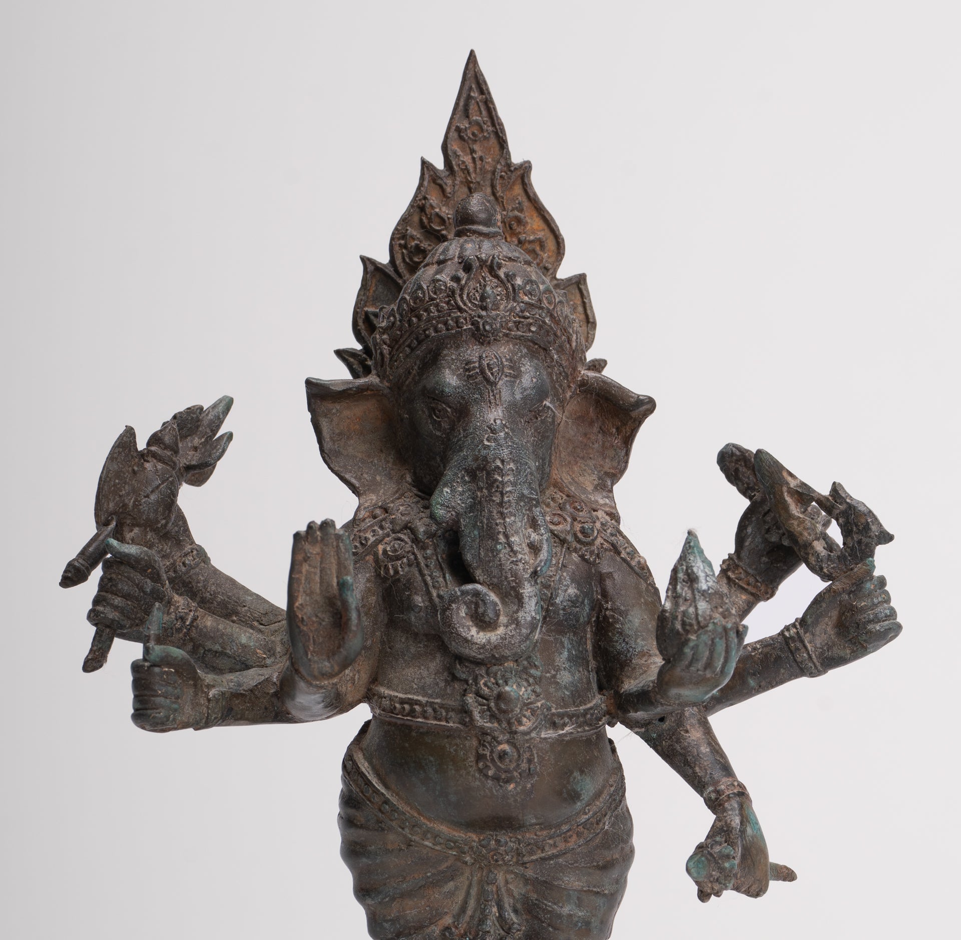 Antique Thai Style Bronze Standing 8-Arm Ganesha Statue - 28cm/11"