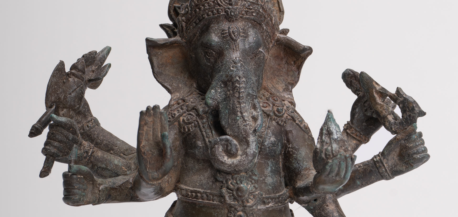 Antique Thai Style Bronze Standing 8-Arm Ganesha Statue - 28cm/11"