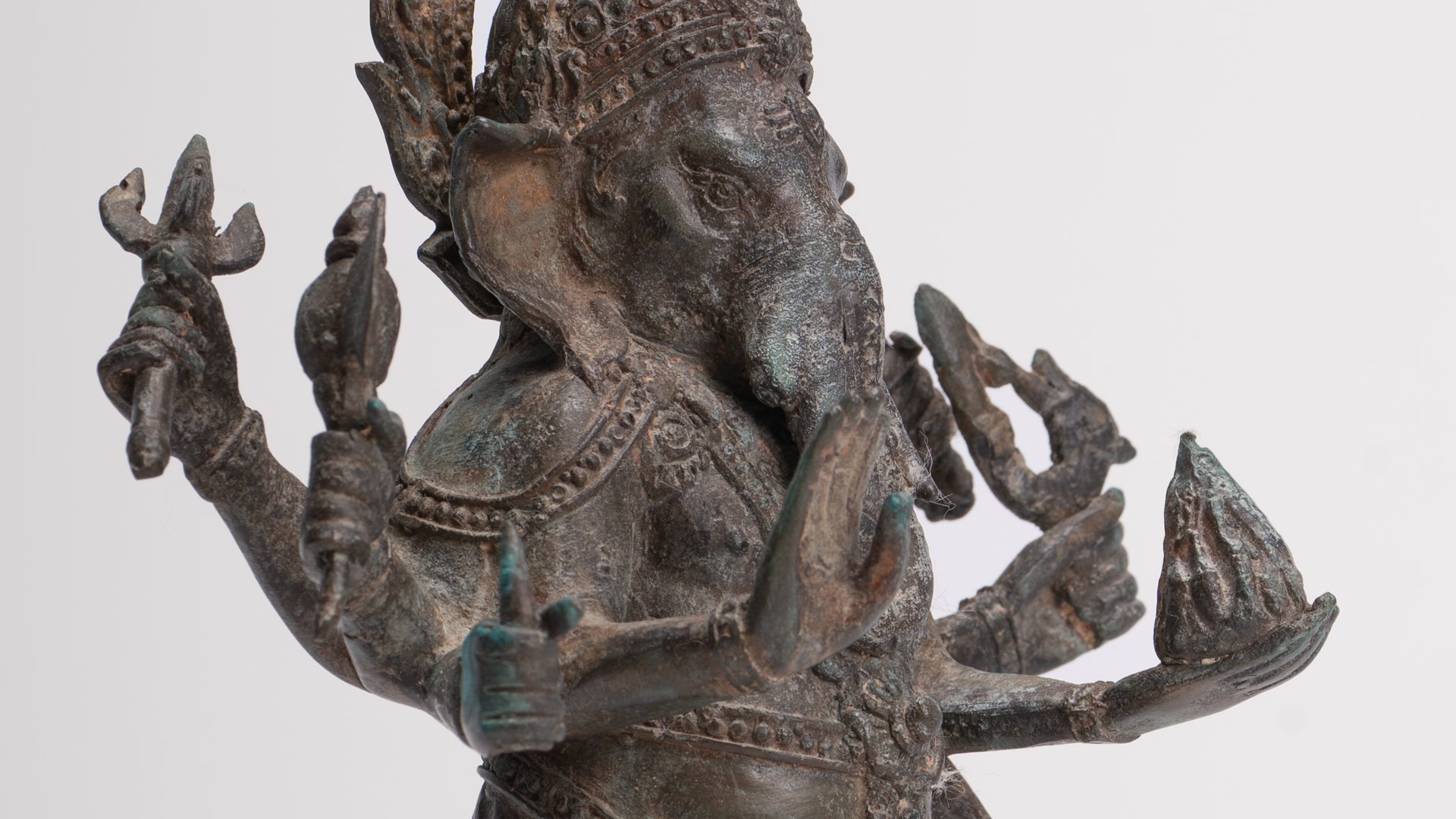 Antique Thai Style Bronze Standing 8-Arm Ganesha Statue - 28cm/11"