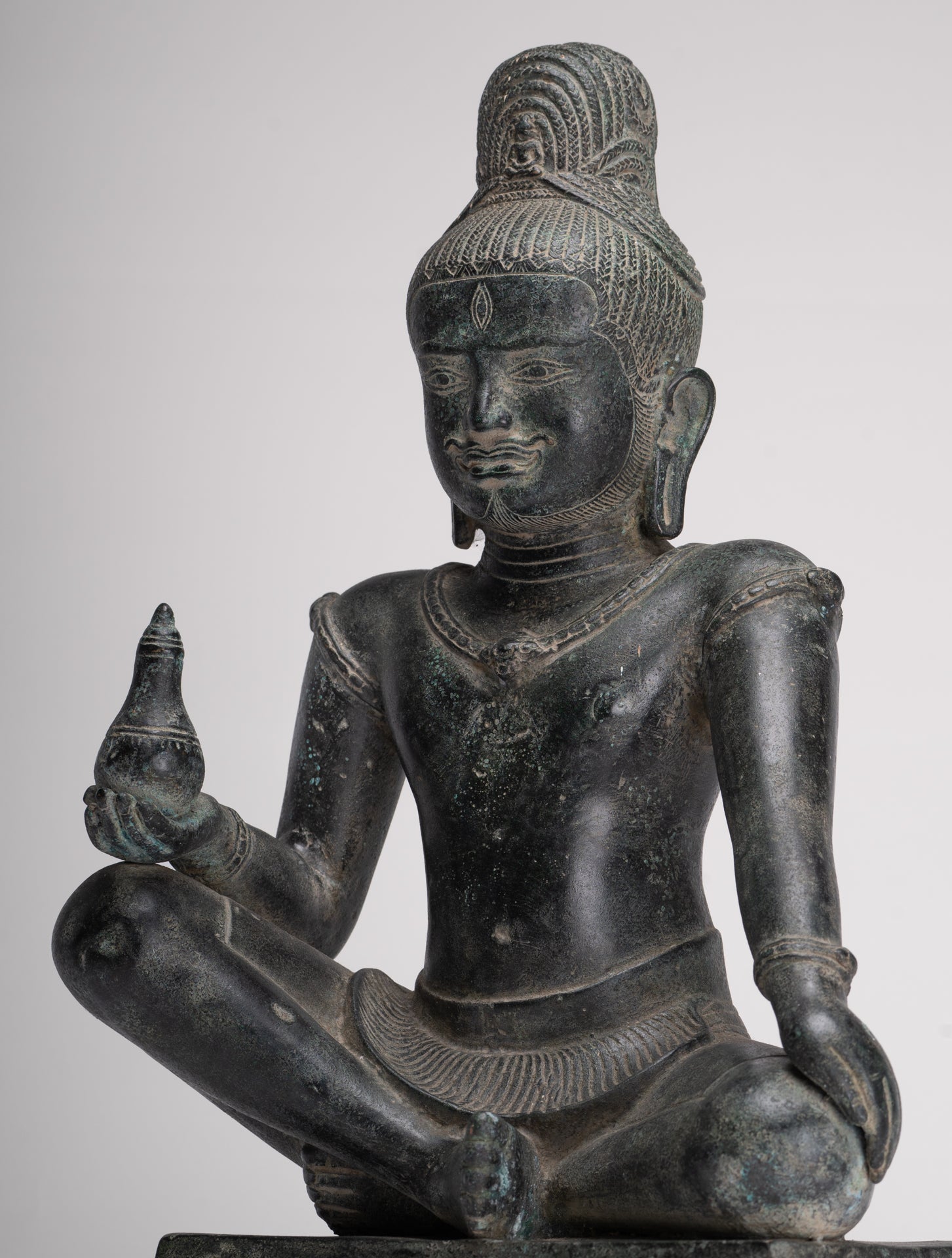 Lokeshvara Statue - Antique Khmer Style Seated Bronze Bayon Style Lokeshvara - 39cm/16"