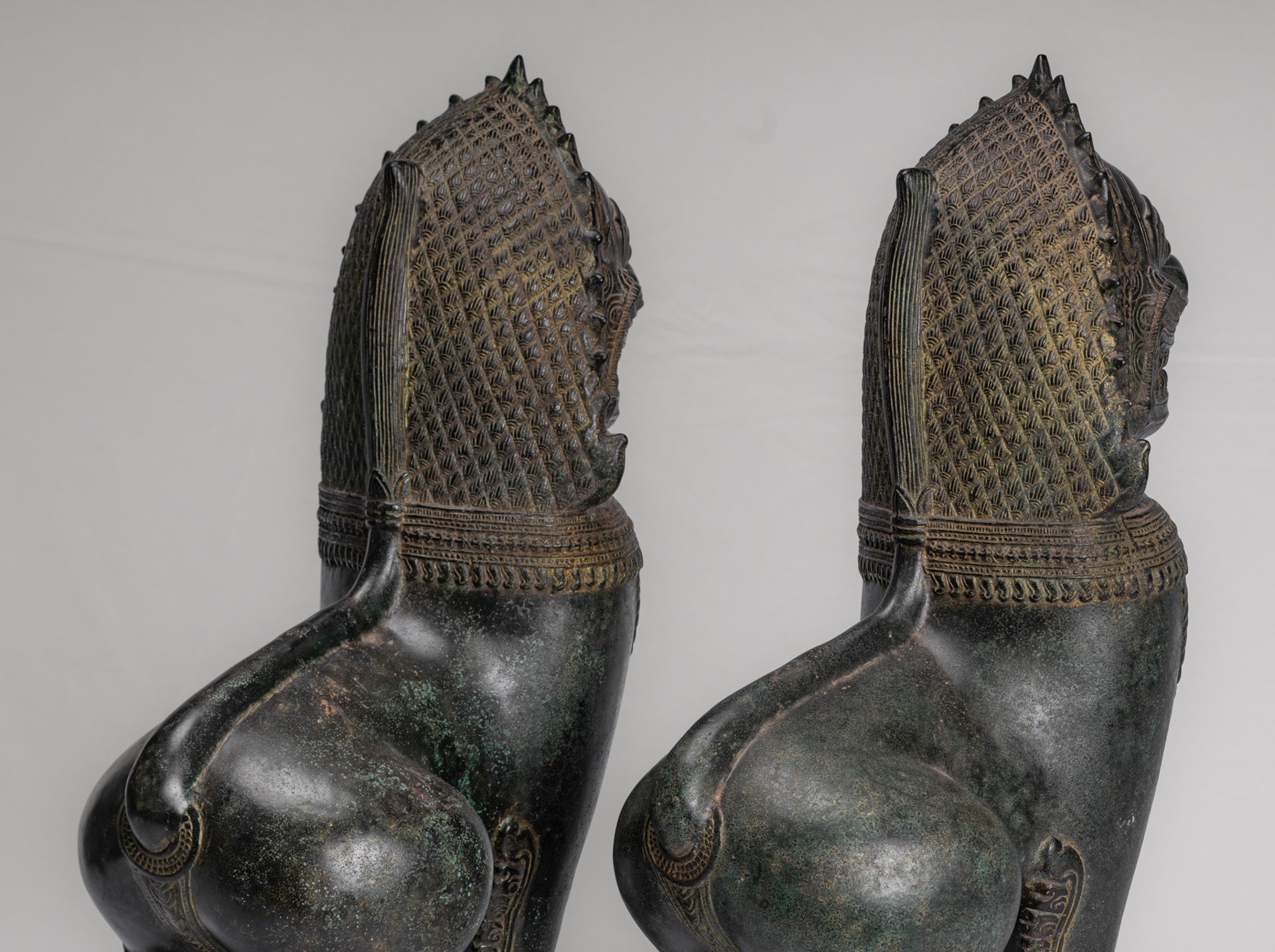 Temple Lions - Antique Khmer Style Bronze Standing Temple Guardians or Lions - 54cm/22" (Pair)