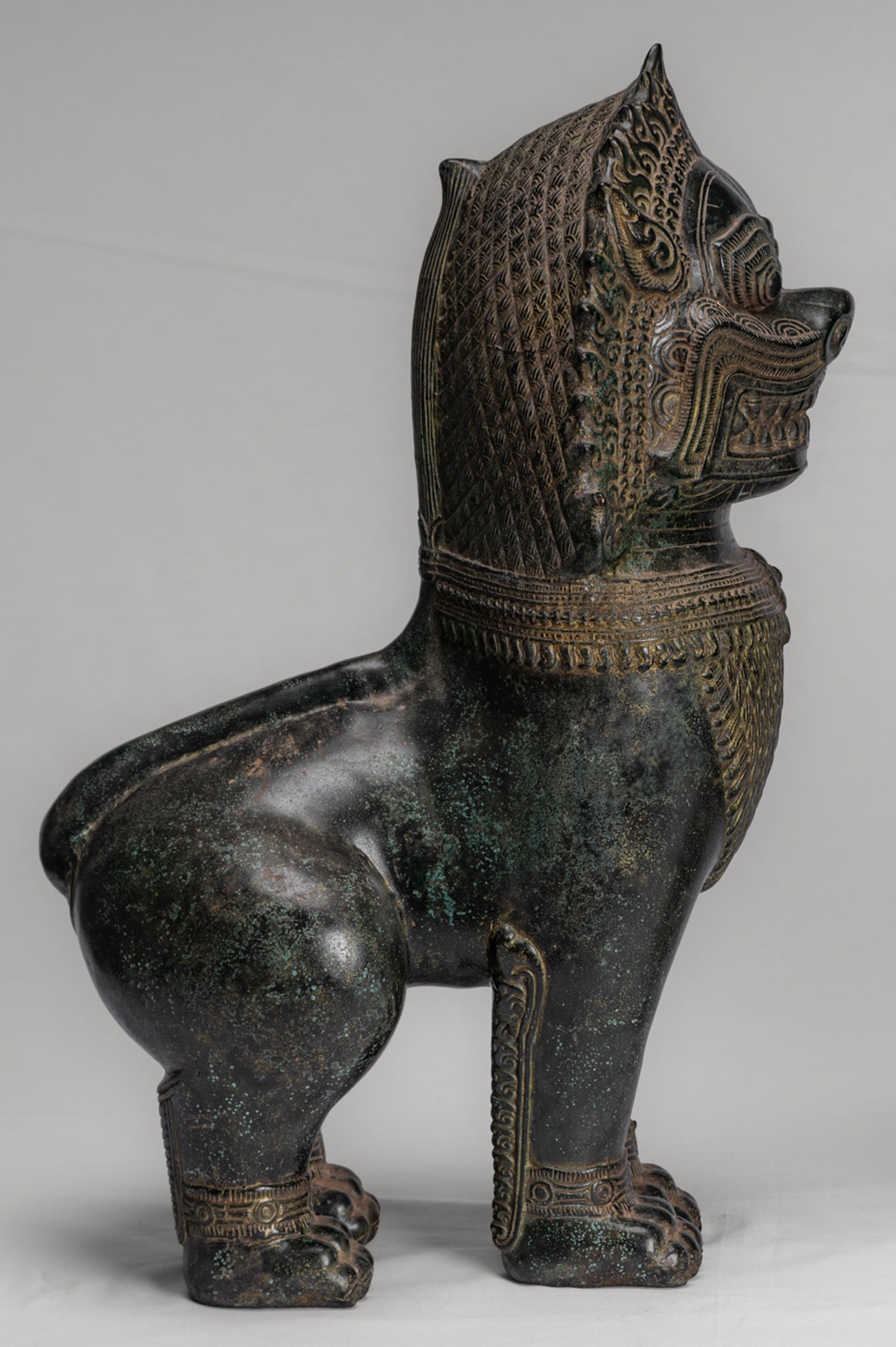 Temple Lions - Antique Khmer Style Bronze Standing Temple Guardians or Lions - 54cm/22" (Pair)