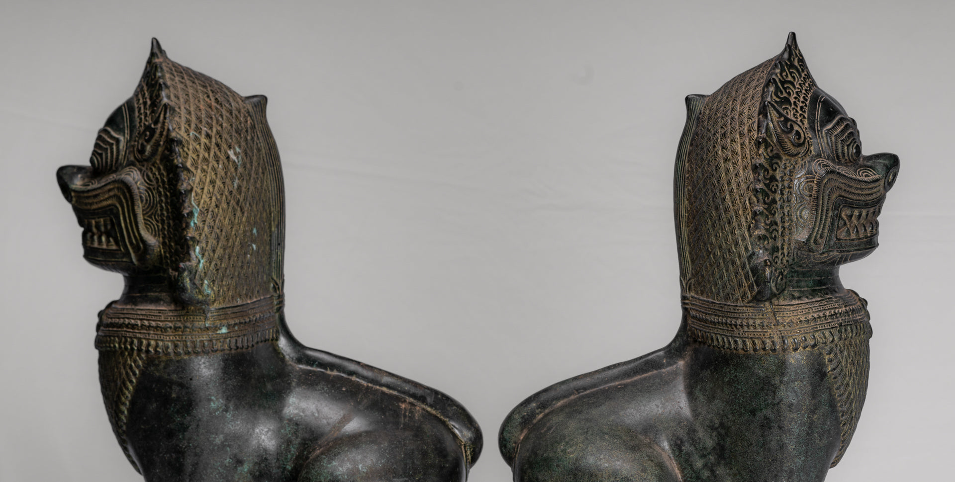 Temple Lions - Antique Khmer Style Bronze Standing Temple Guardians or Lions - 54cm/22" (Pair)