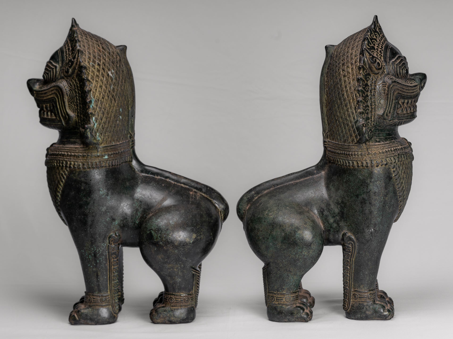 Temple Lions - Antique Khmer Style Bronze Standing Temple Guardians or Lions - 54cm/22" (Pair)